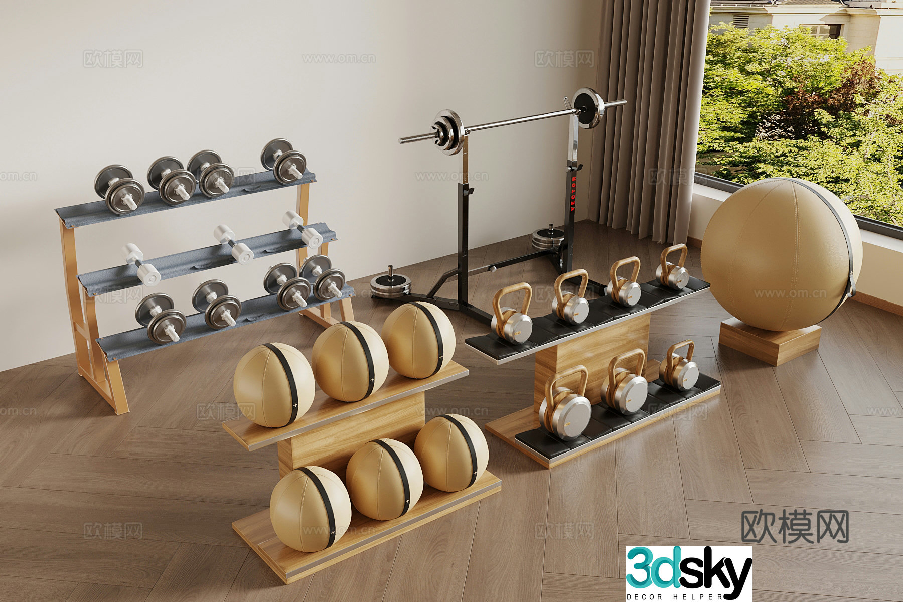 Modern sports equipment barbell dumbbell yoga ball 3d model