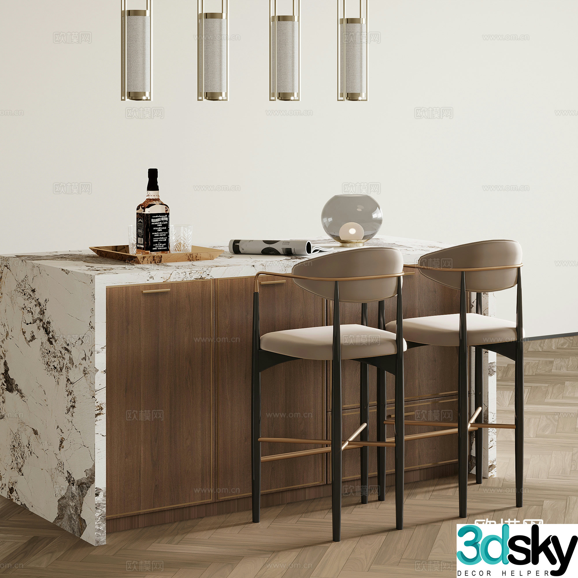 Island desk medieval style island desk bar dining desk bar chair 3d model