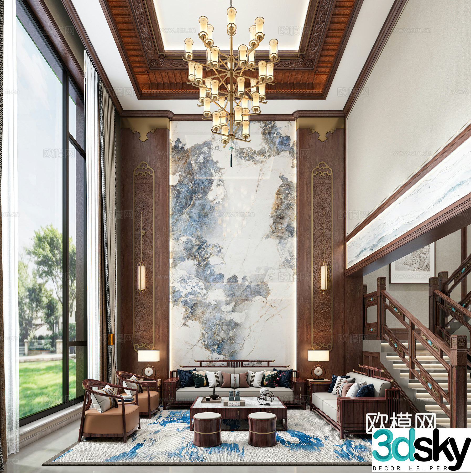 New Chinese style villa living room 3D model