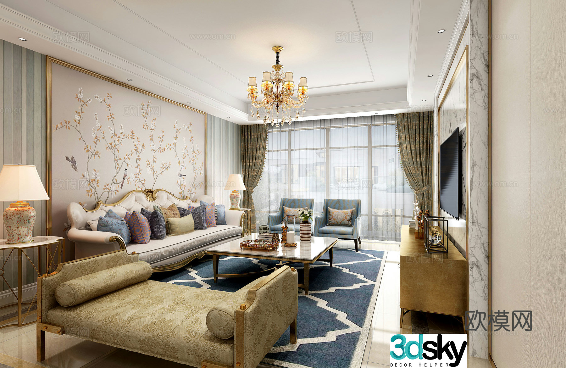 Simple European living room sofa coffee table leisure chair dining table chair desk lamp chandeliers ornaments 3D model