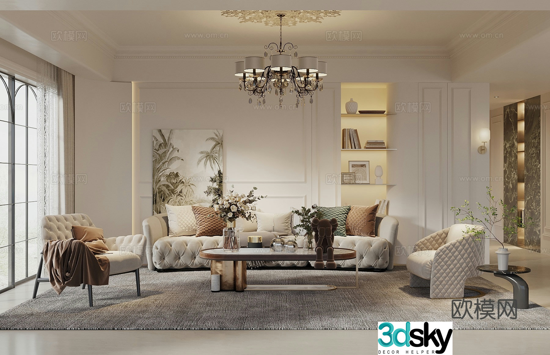 French simple European living room sofa coffee table combination sofa background wall lazy sofa 3D model