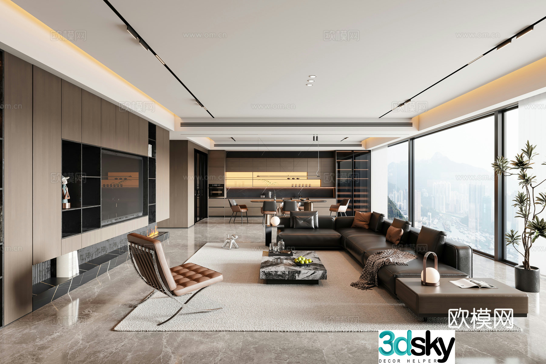 Modern Italian dining room sofa coffee table dining table chair chandeliers TV background wall wine cabinet 3d model