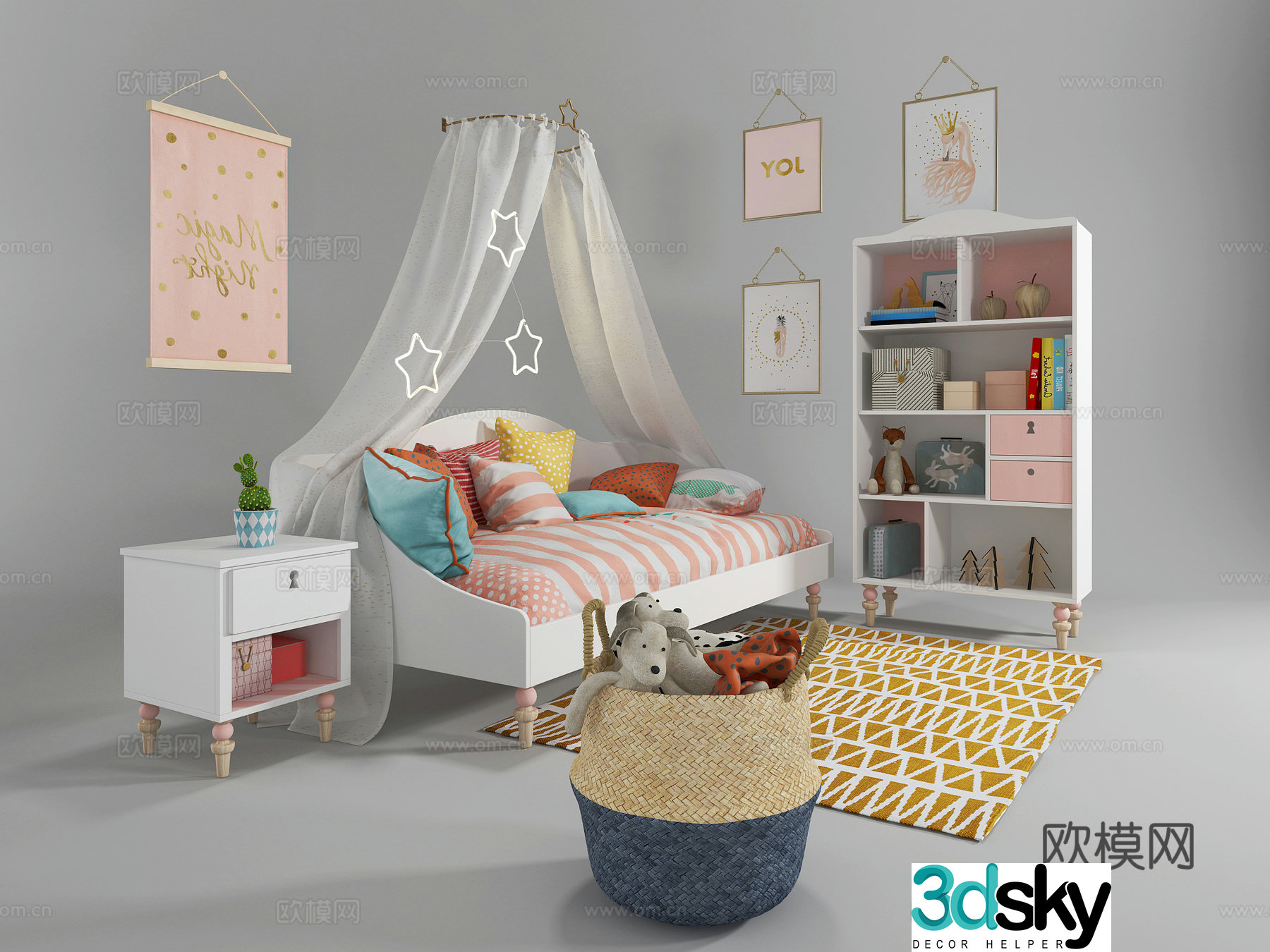 Nordic children’s room children’s bedside table toys children’s bookshelf children’s wall decoration 3D model