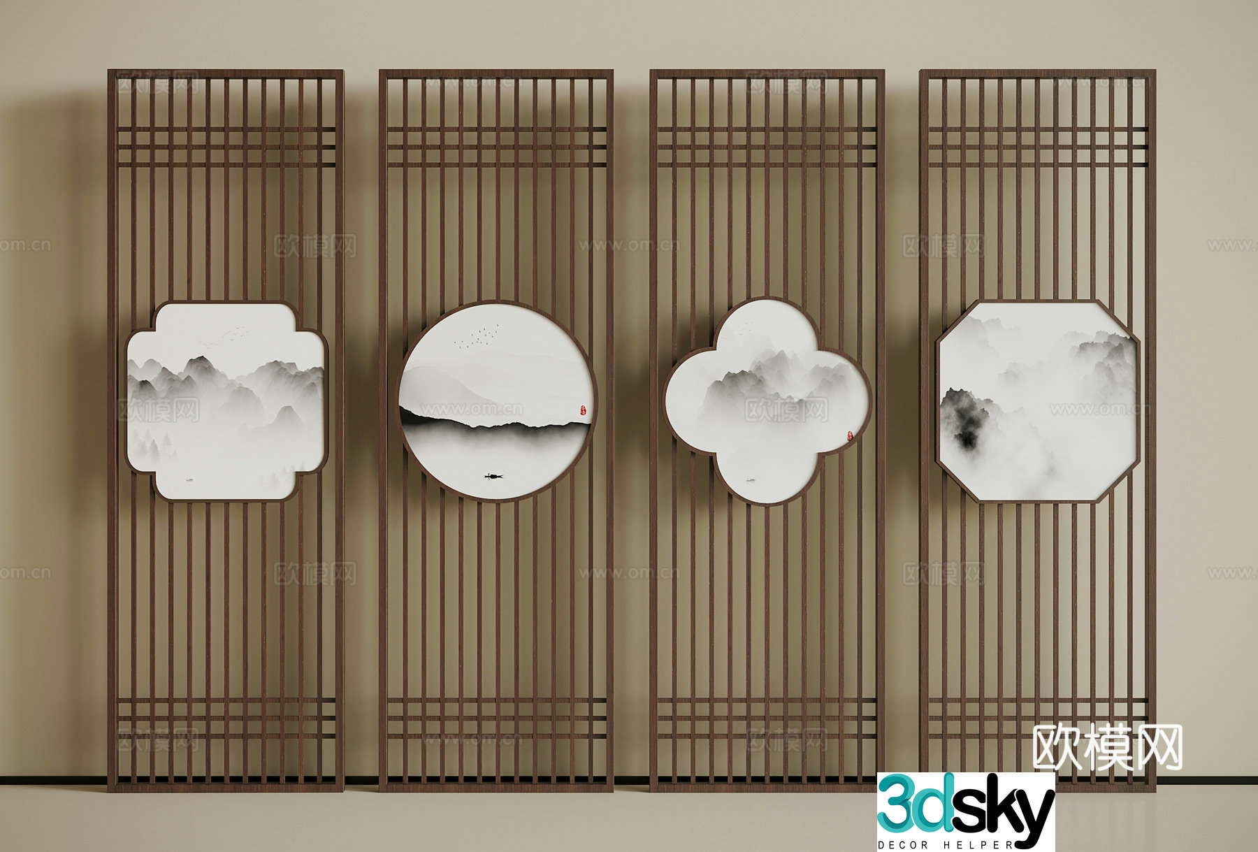 New Chinese-style screen partition combination 3D model
