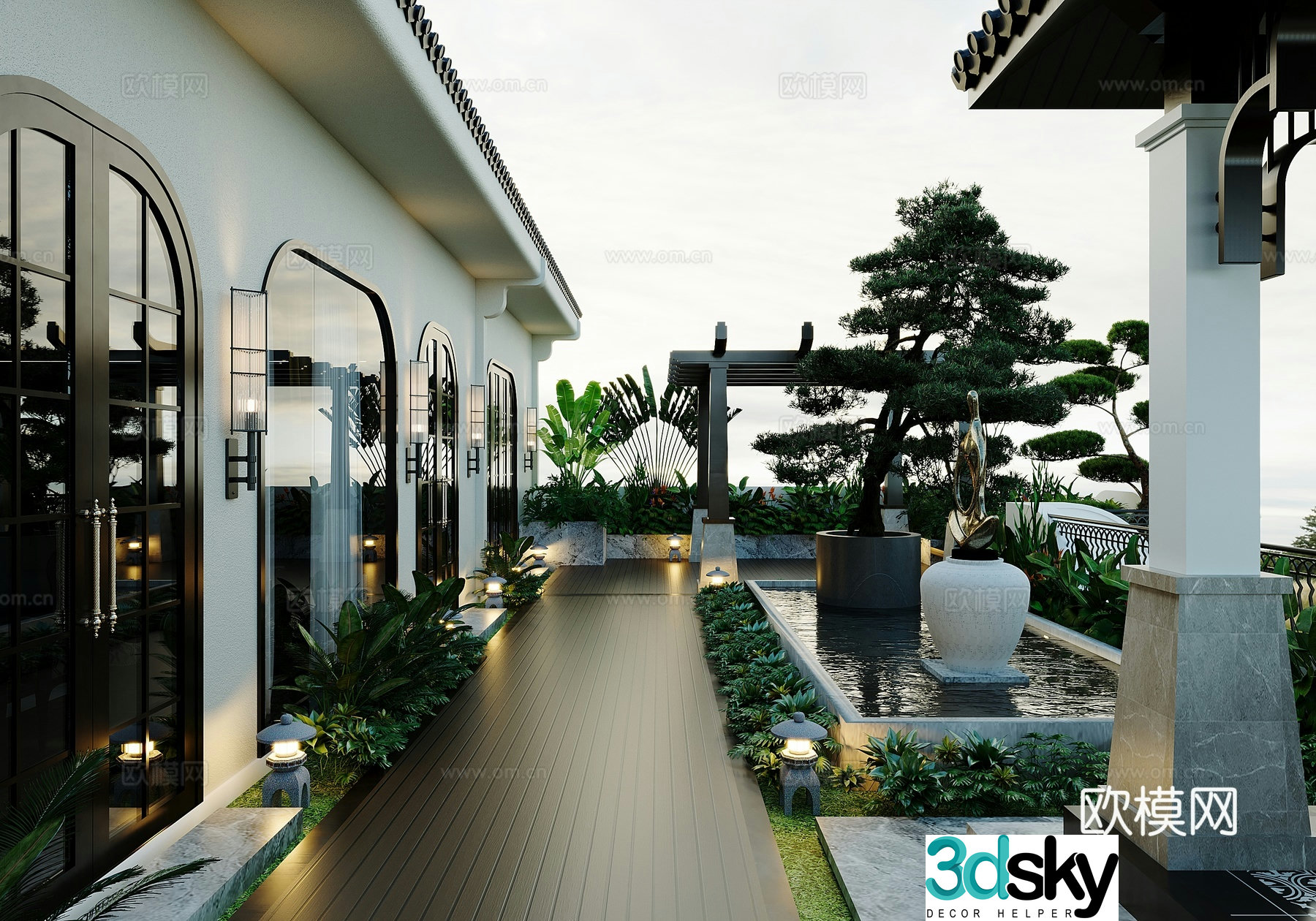 Chinese style courtyard roof garden loft outdoor landscape 3d model