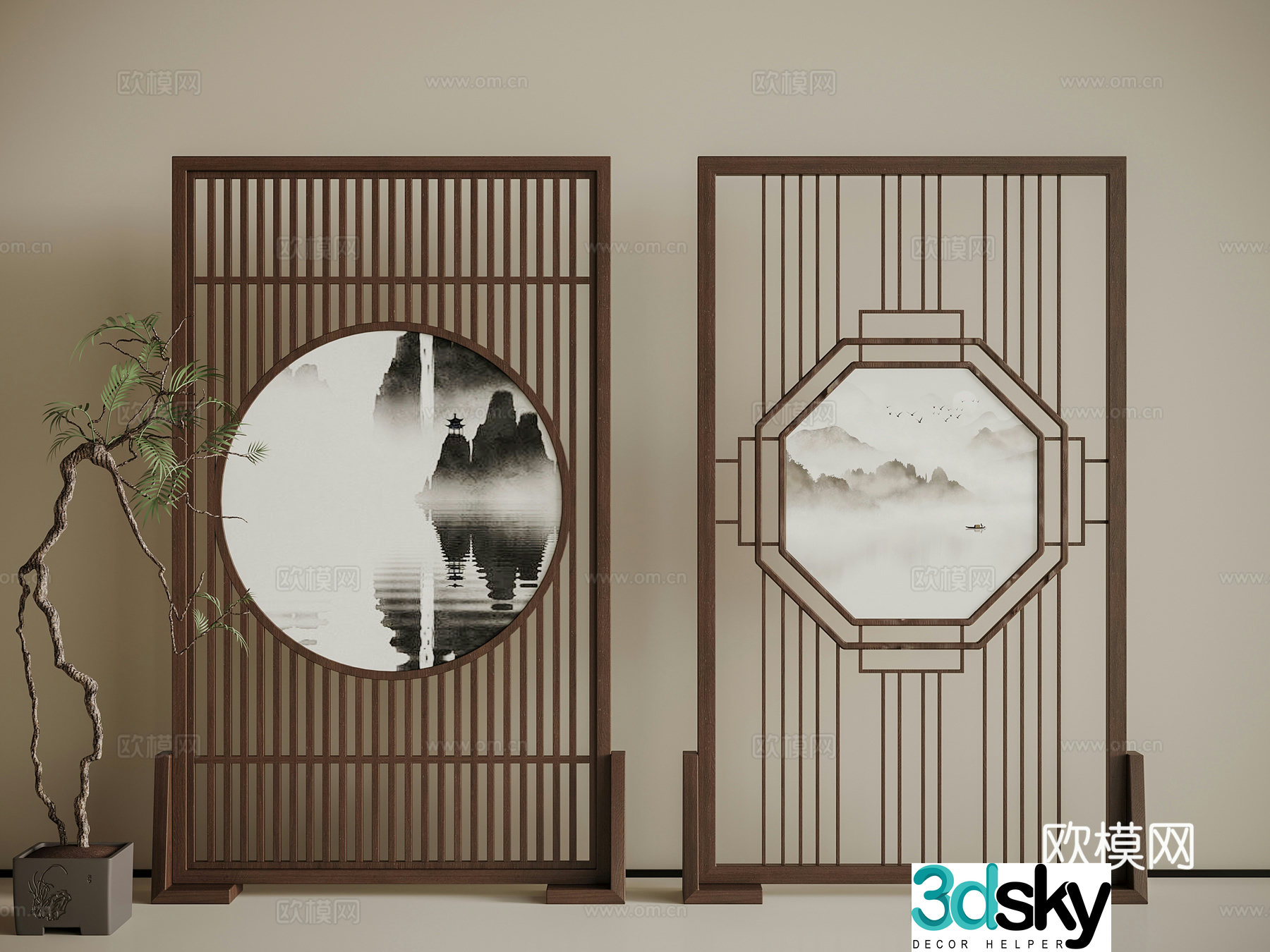 New Chinese-style screen combination green plant potted 3D model
