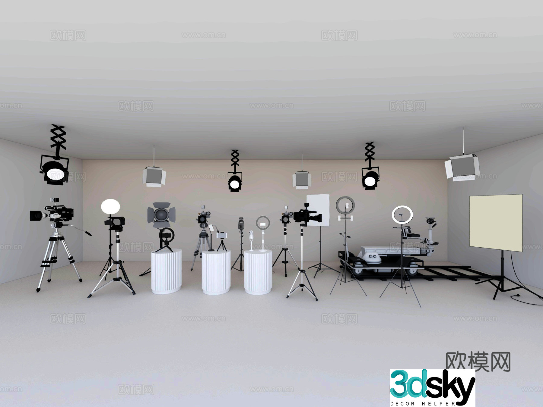 Live broadcast equipment studio, camera mobile phone holder, lighting reflector, track camera, lamp 3D model