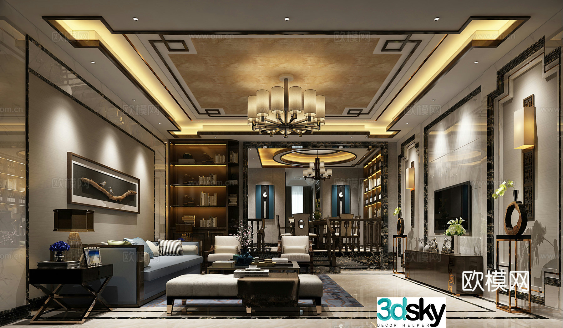 New Chinese style living room sofa coffee table background wall curtains lamps stairs 3d model
