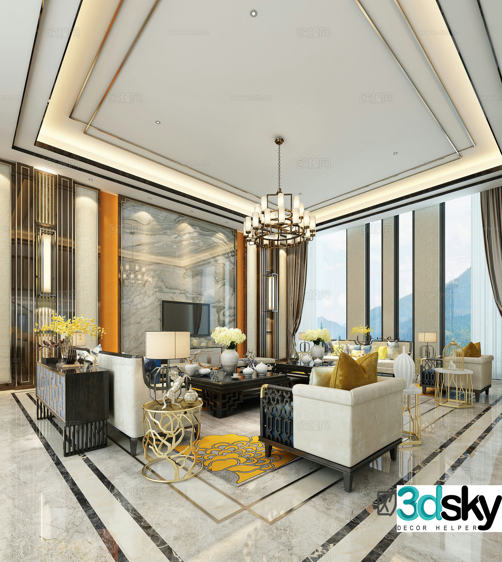 New Chinese style living room modern living room chandelier sofa coffee table 3d model