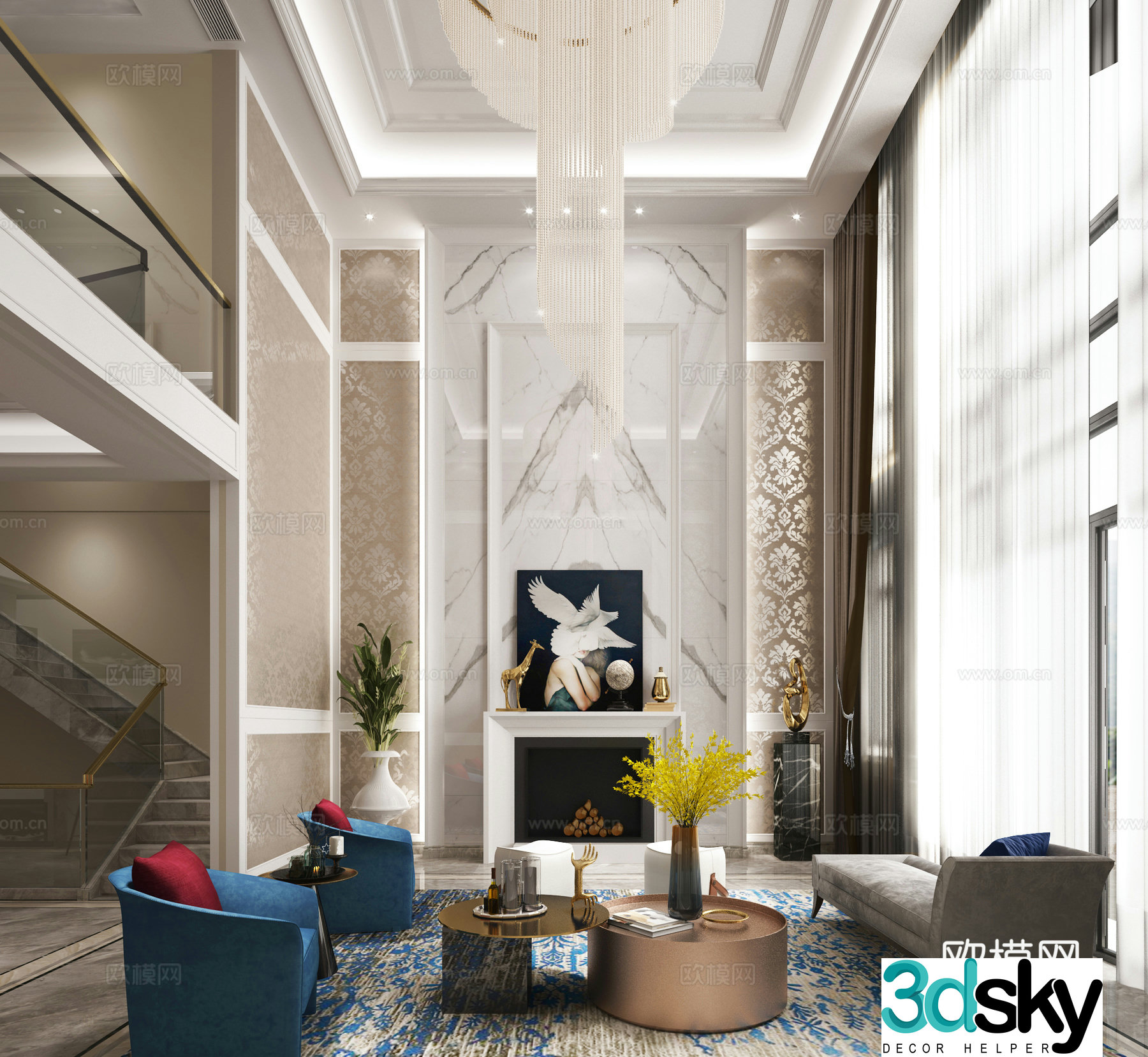 Simple European living room sofa stool coffee table hanging painting imperial chaise longue potted plant crystal chandeliers 3D model
