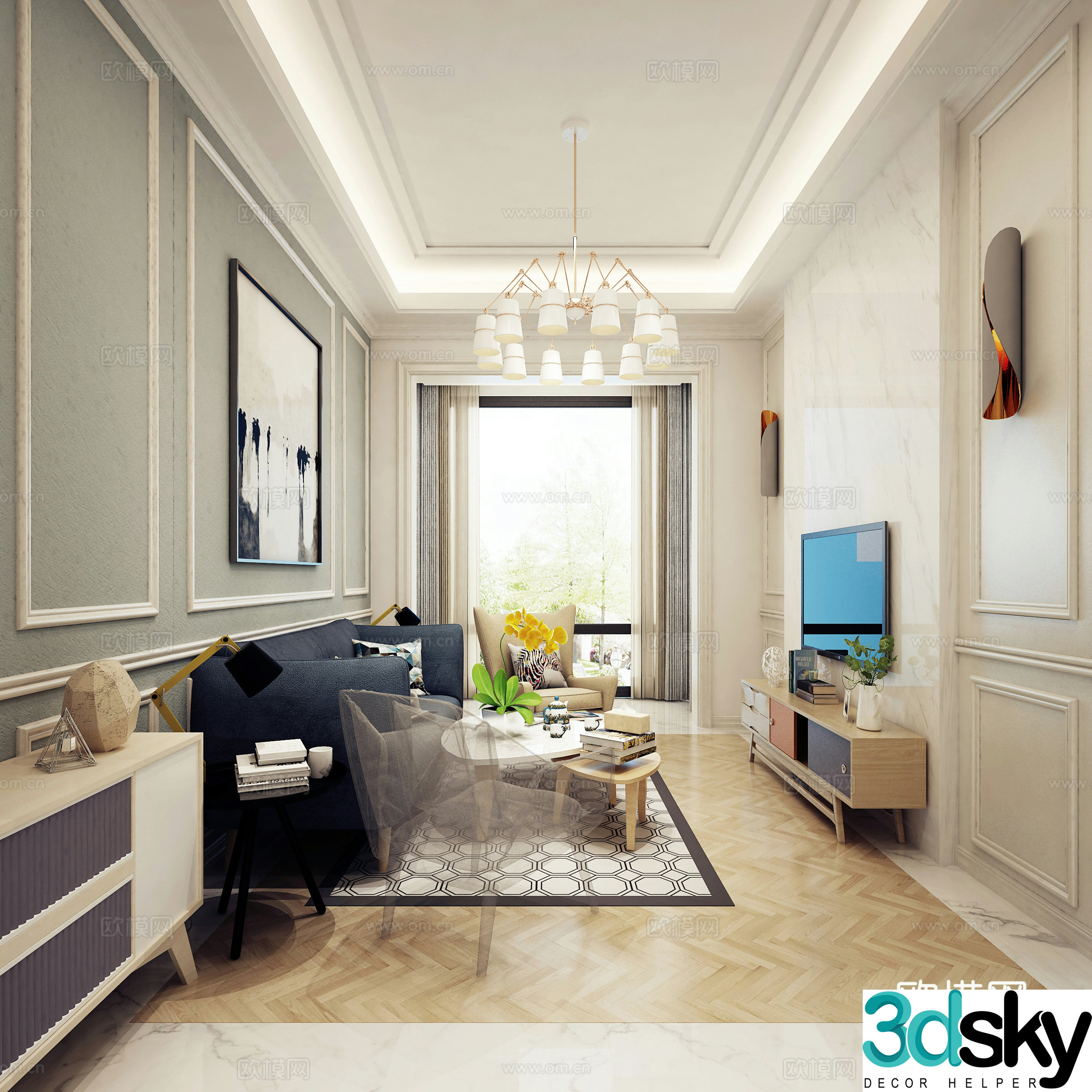 Nordic living room and dining room stairwell sofa coffee table chandeliers TV cabinet side cabinet dining table chair 3d model