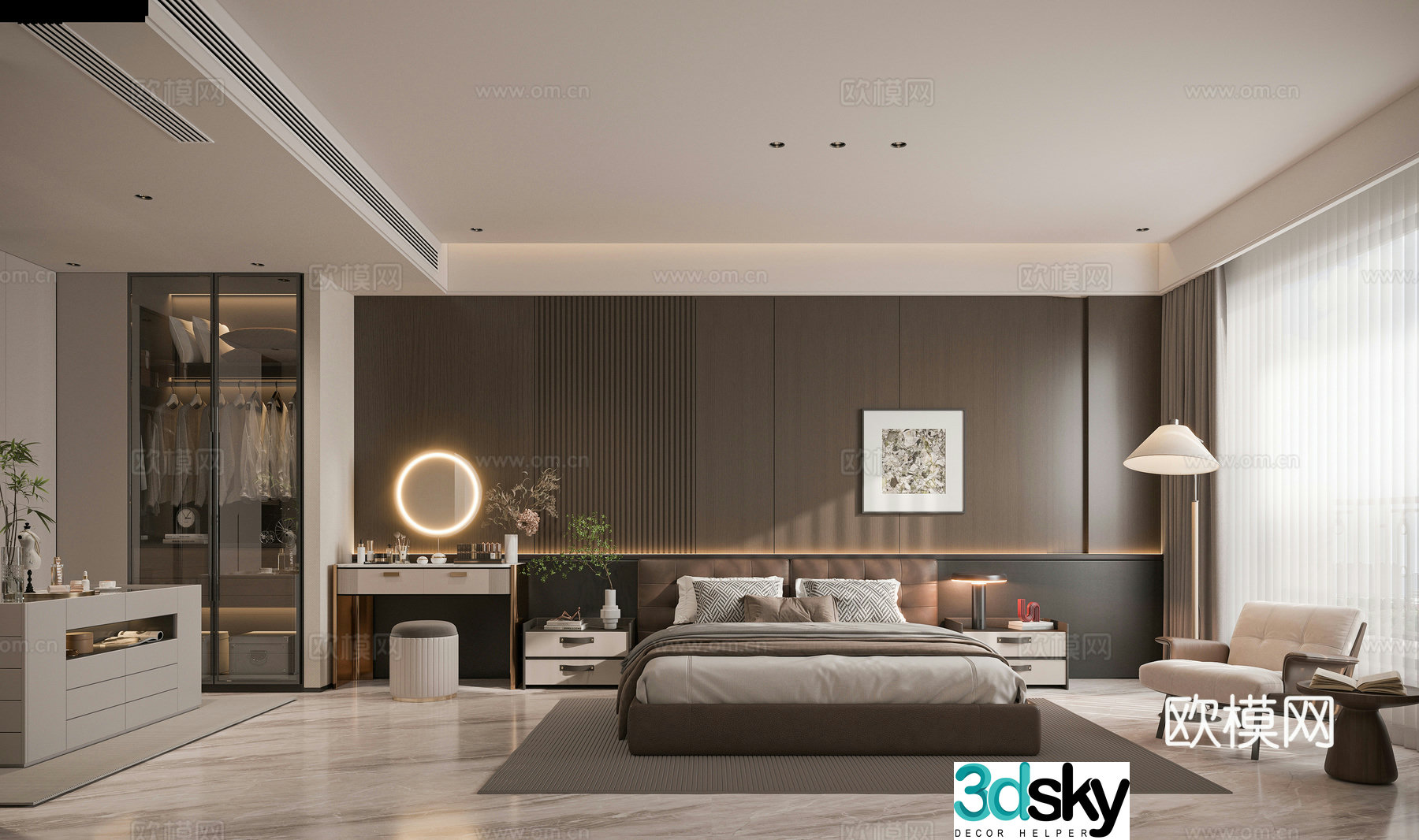 Modern minimalist bedroom Italian style ownerless lamp bedroom wooden manufacturing wall panel leather bed leisure chair decorative cabinet chandelier light 3d model