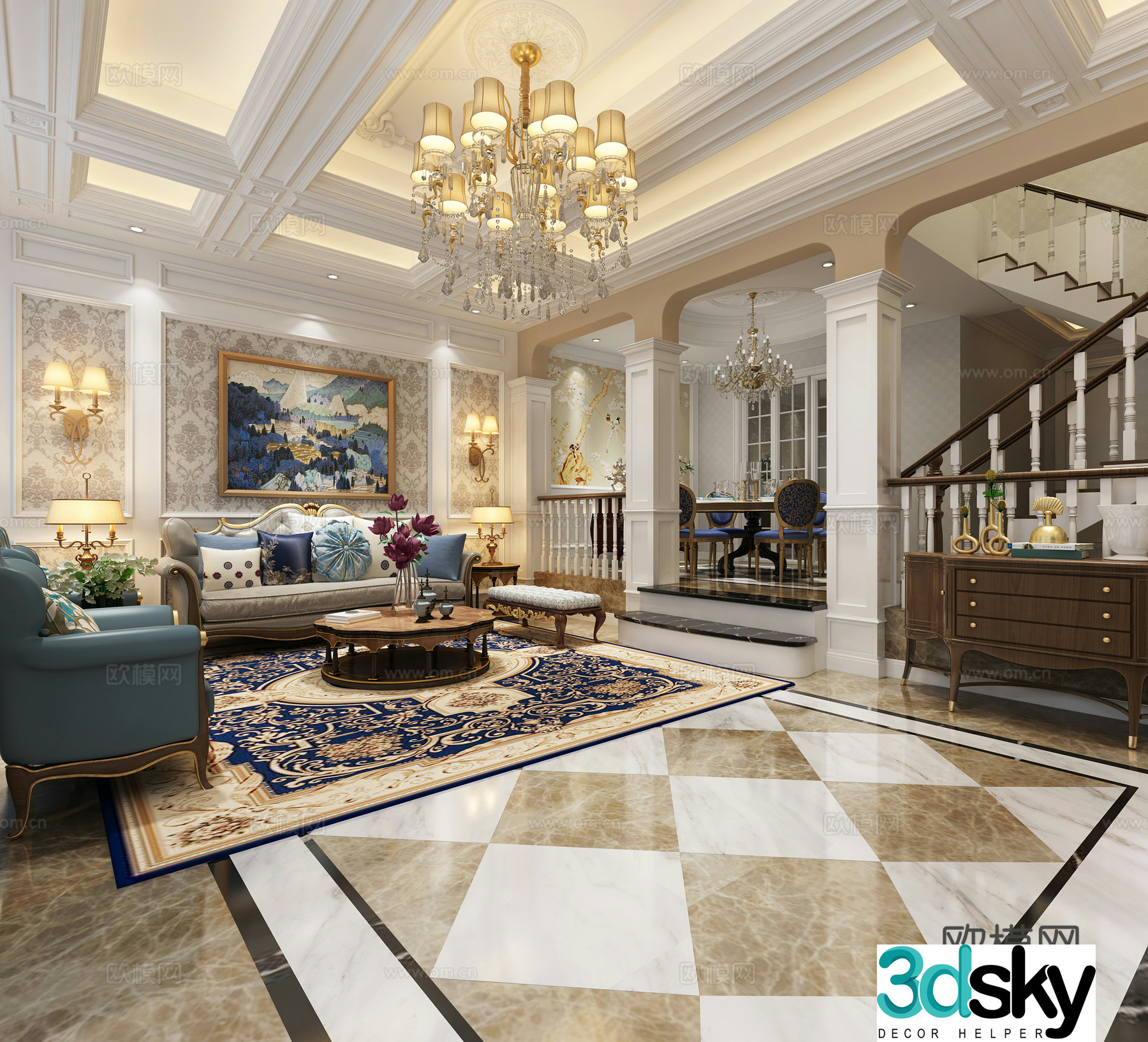 Classic European style living and dining table chandelier combination 3D model