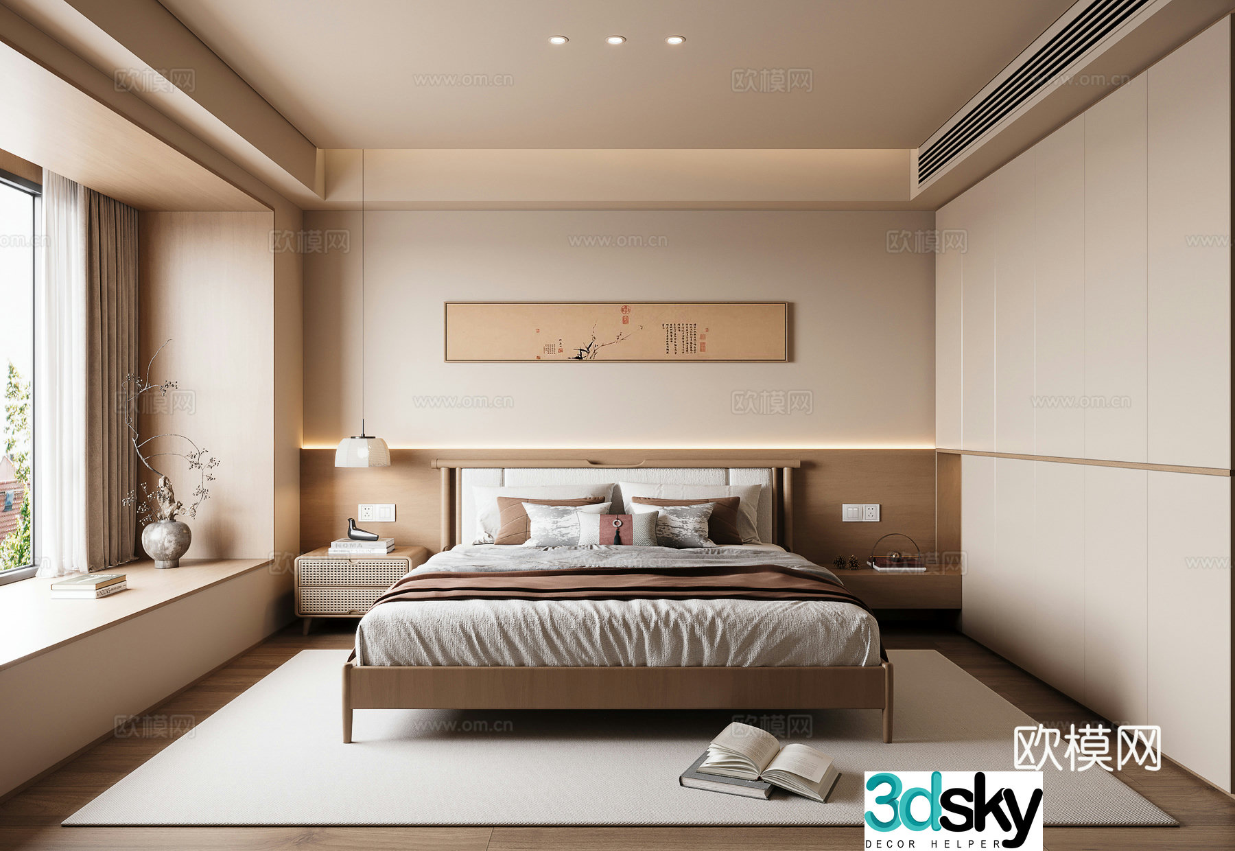New Chinese style Song style bedroom New Chinese style without lights Song style double bed hanging painting 3D model