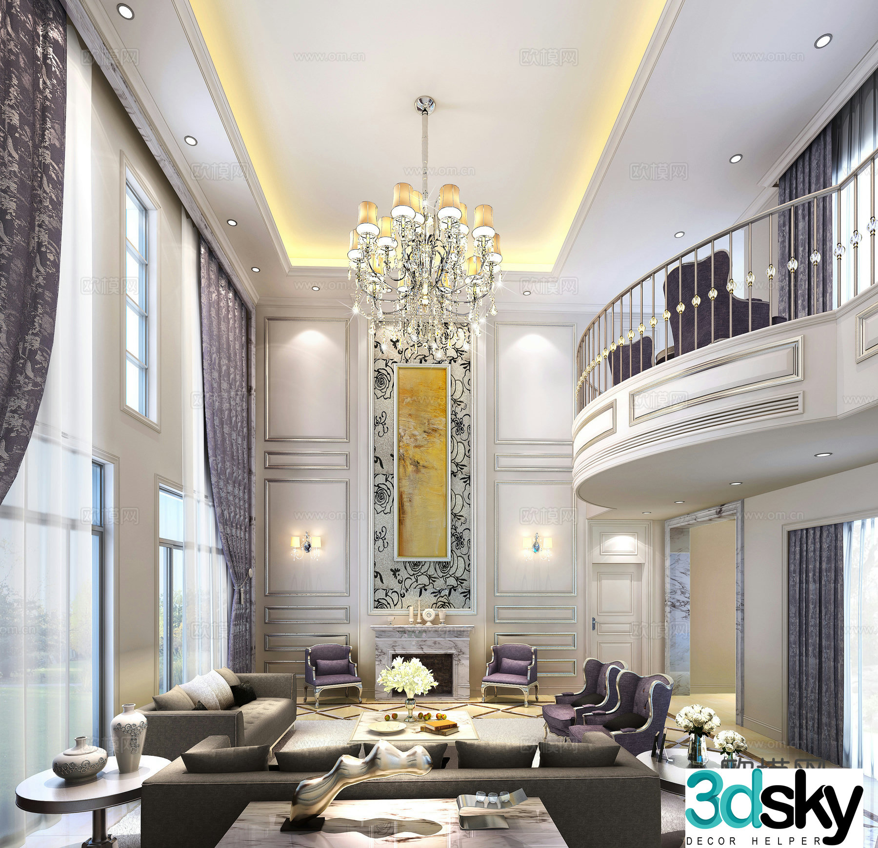Simple European style villa living room chandelier sofa coffee table leisure chair 3d model