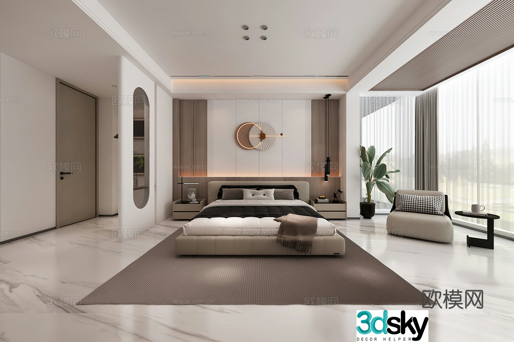 Now light luxury master bedroom wardrobe bedside background 3d model