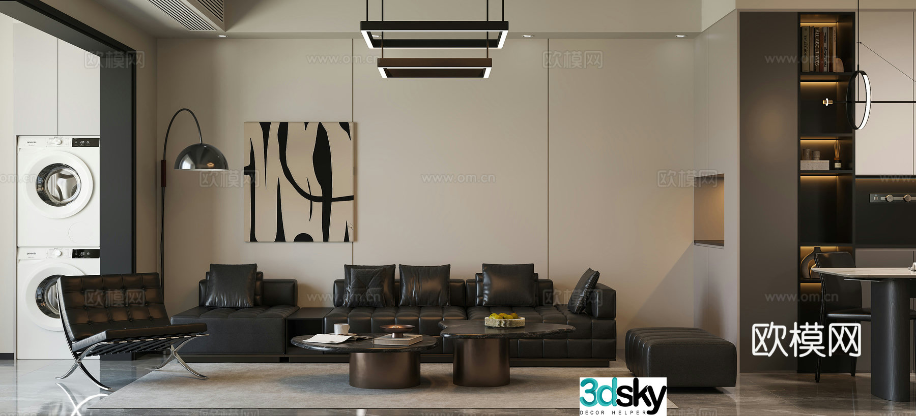 Modern black white and gray minimalist living restaurant 3d model