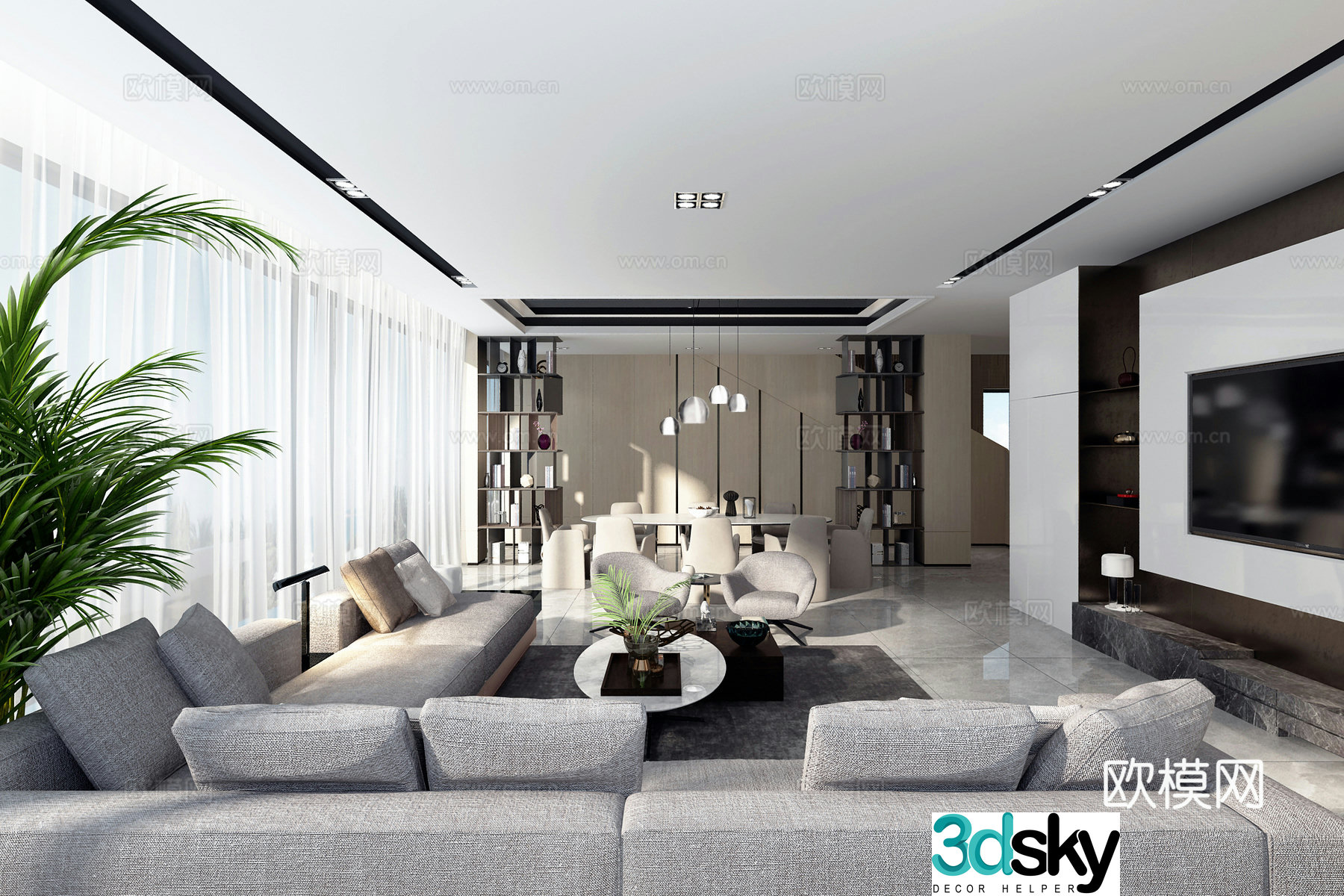 Modern villa living and dining room corner fabric sofa combination fashionable dining table and chair 3D model