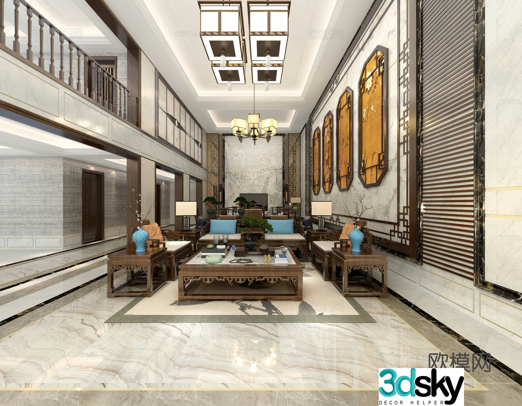 Chinese living and dining room Chinese painting wall sofa coffee table chandelier 3d model
