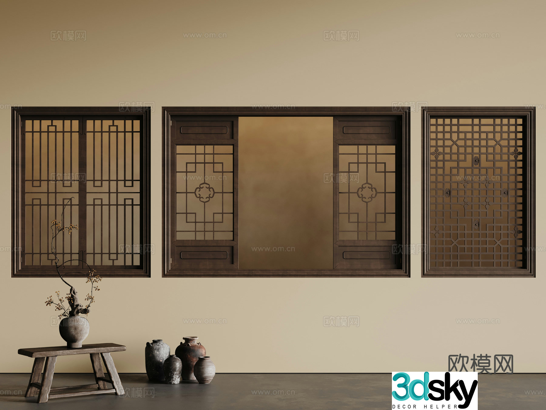 Chinese style carved windows Carved windows Grating windows Wooden windows 3D model