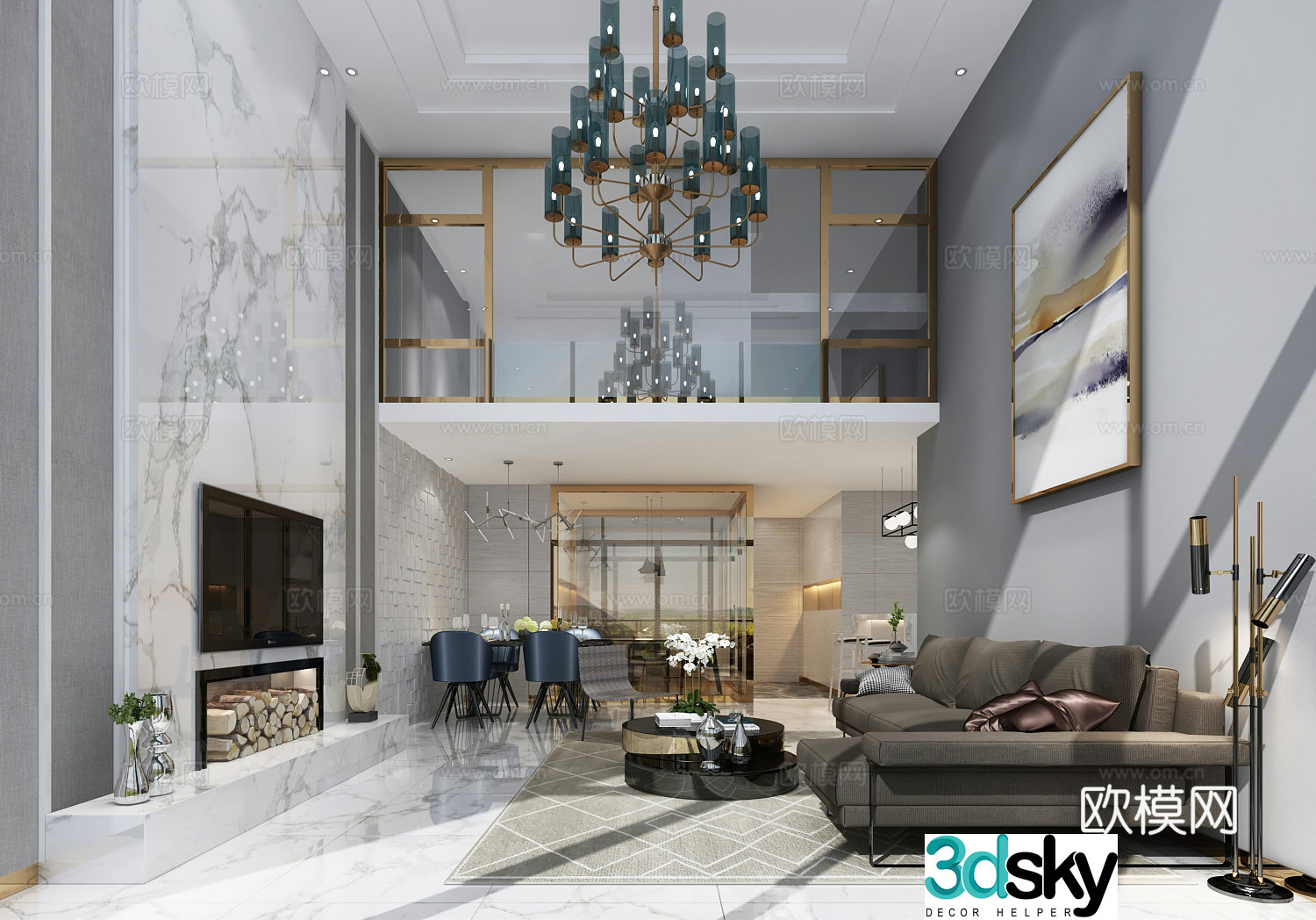 Modern living room sofa coffee table carpet chandelier ornament TV cabinet TV back 3d model
