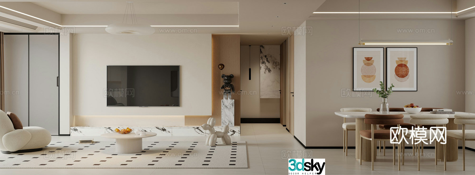 Creamy style simple living restaurant 3d model