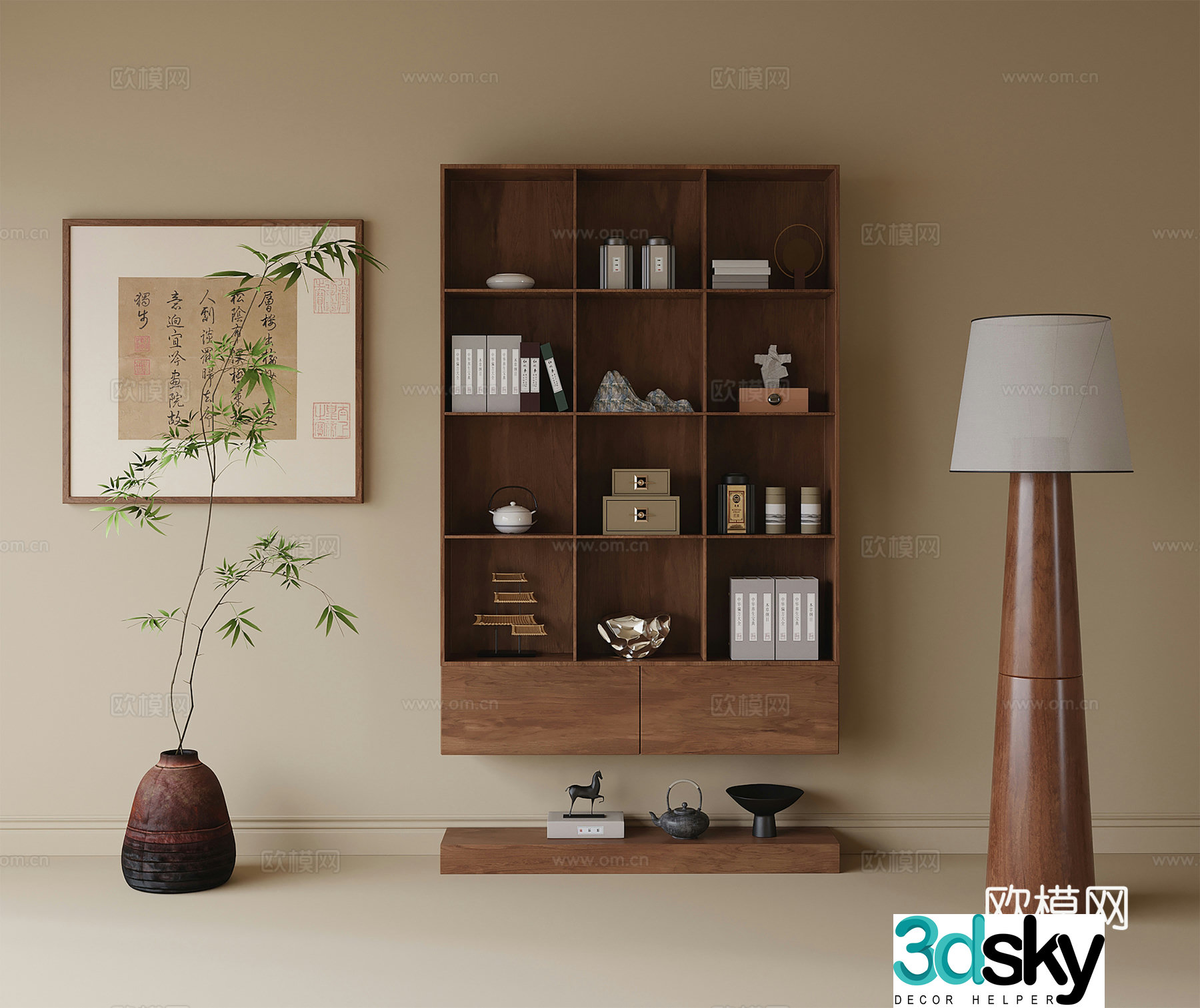 Middle-aged style decoration cabinet floor lamp tea room cabinet tea cabinet potted plant green plant 3D model