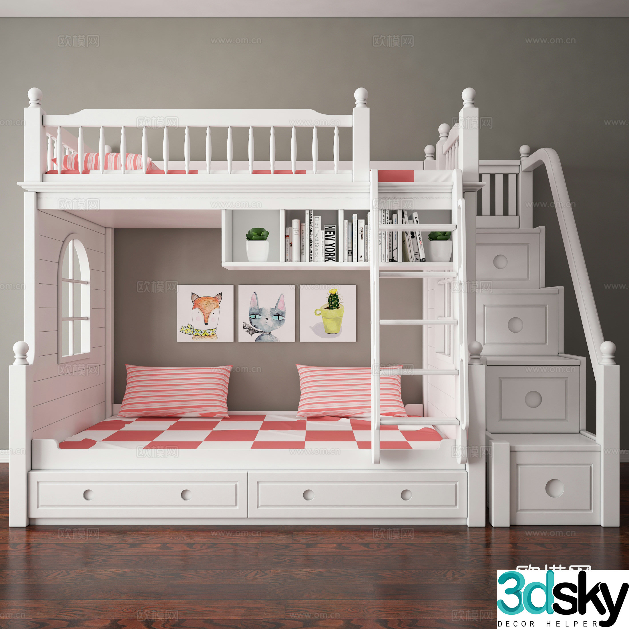American solid wood bunk bed children’s bed children’s room pink bedroom children’s bed 3D model