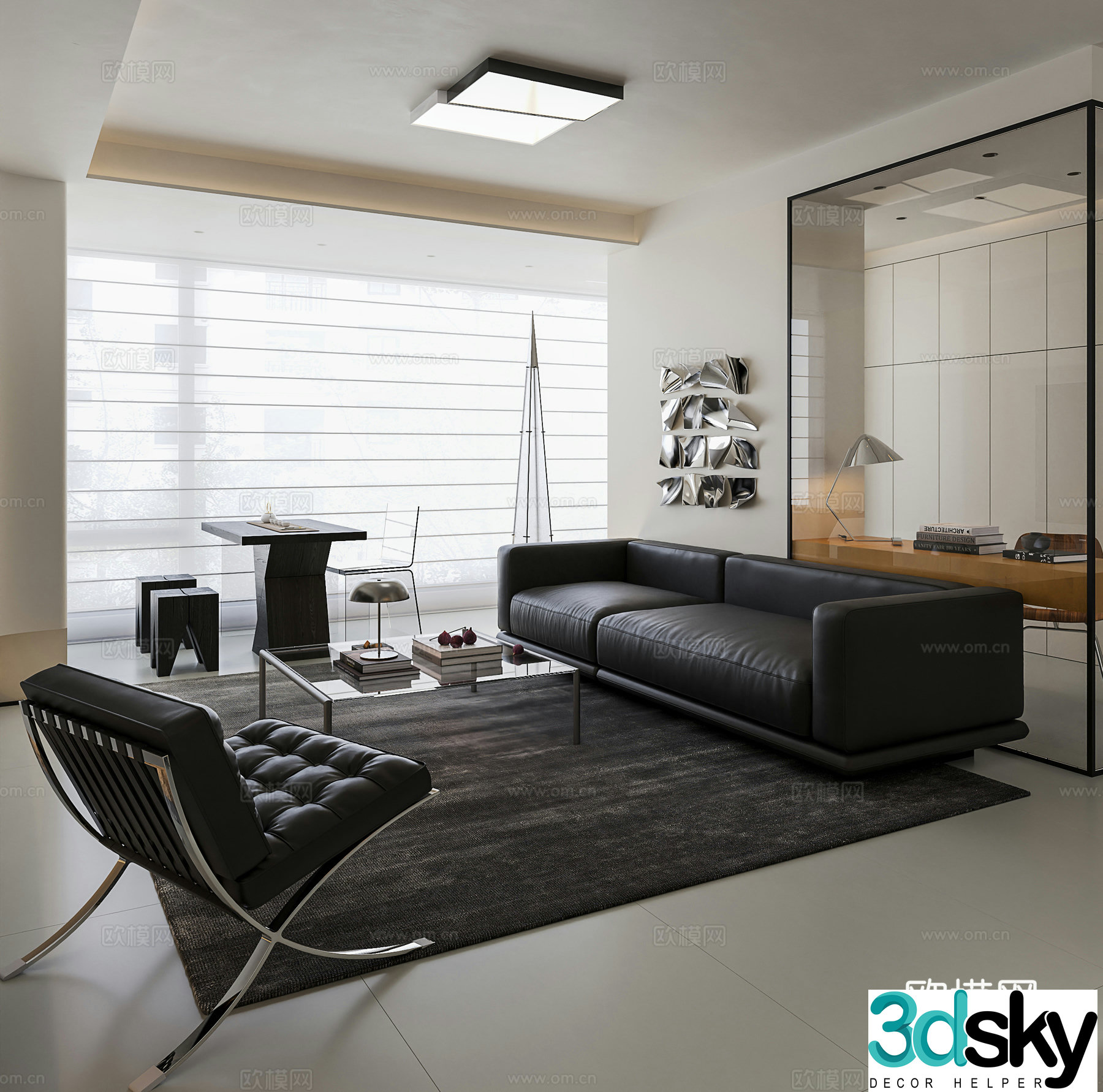 Modern black white and gray minimalist living and dining room 3D model