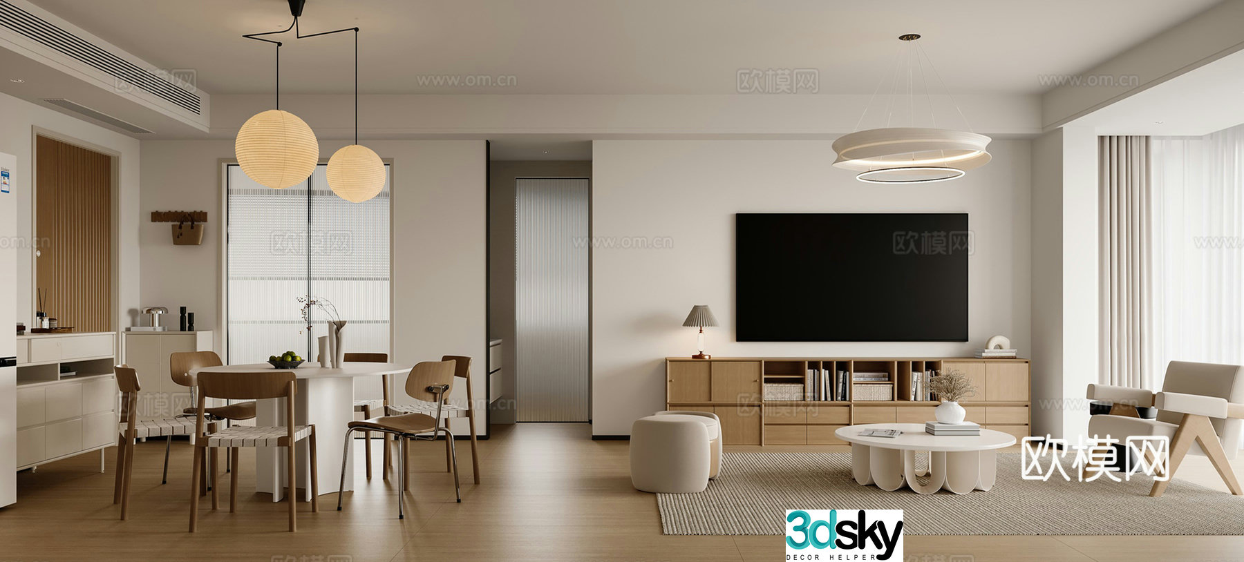 Modern log style dining room 3d model