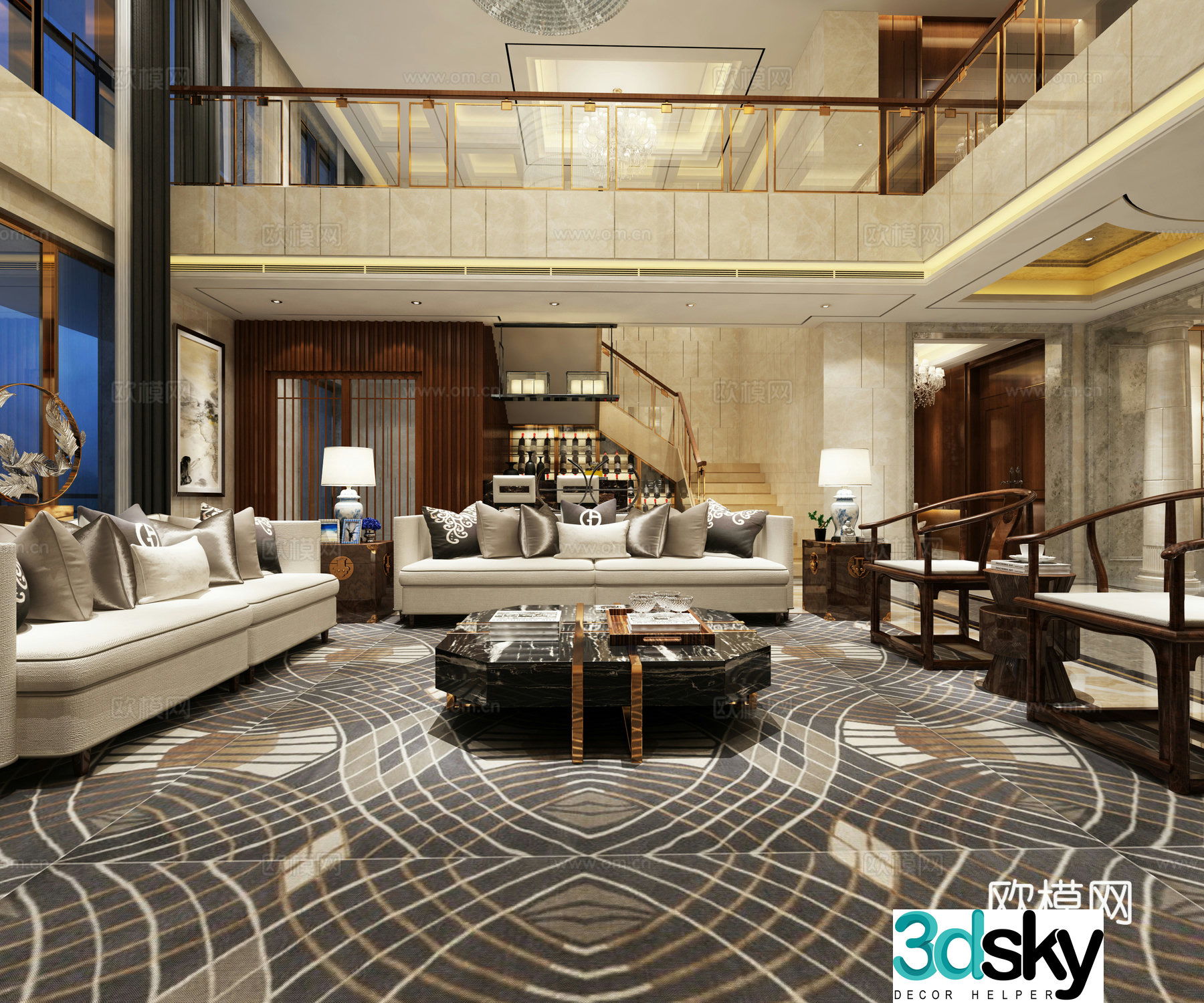 New Chinese style duplex living room New Chinese style living room Duplex living room New Chinese style staircase 3D model