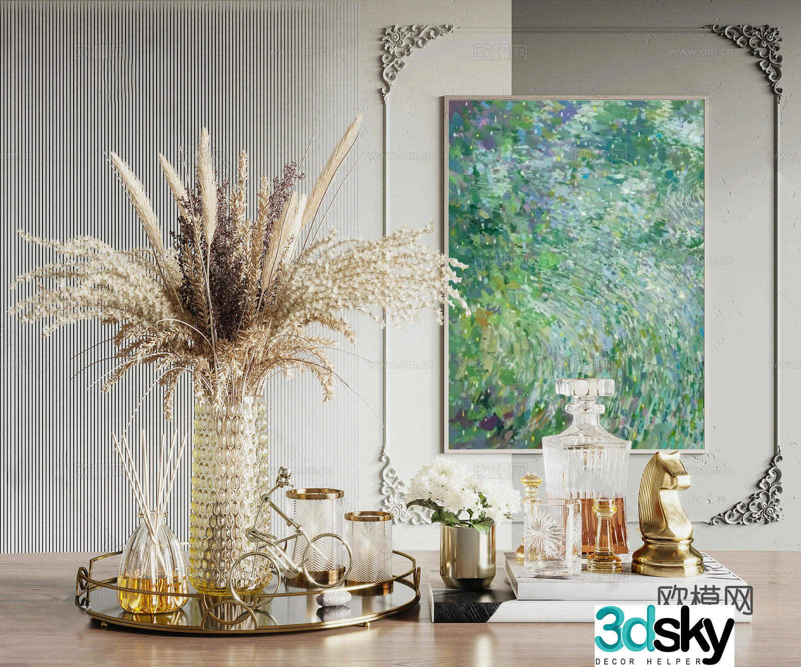 Modern hanging painting ornaments combination flower arrangement wine book ornaments glass vase metal ornaments cream style 3D model