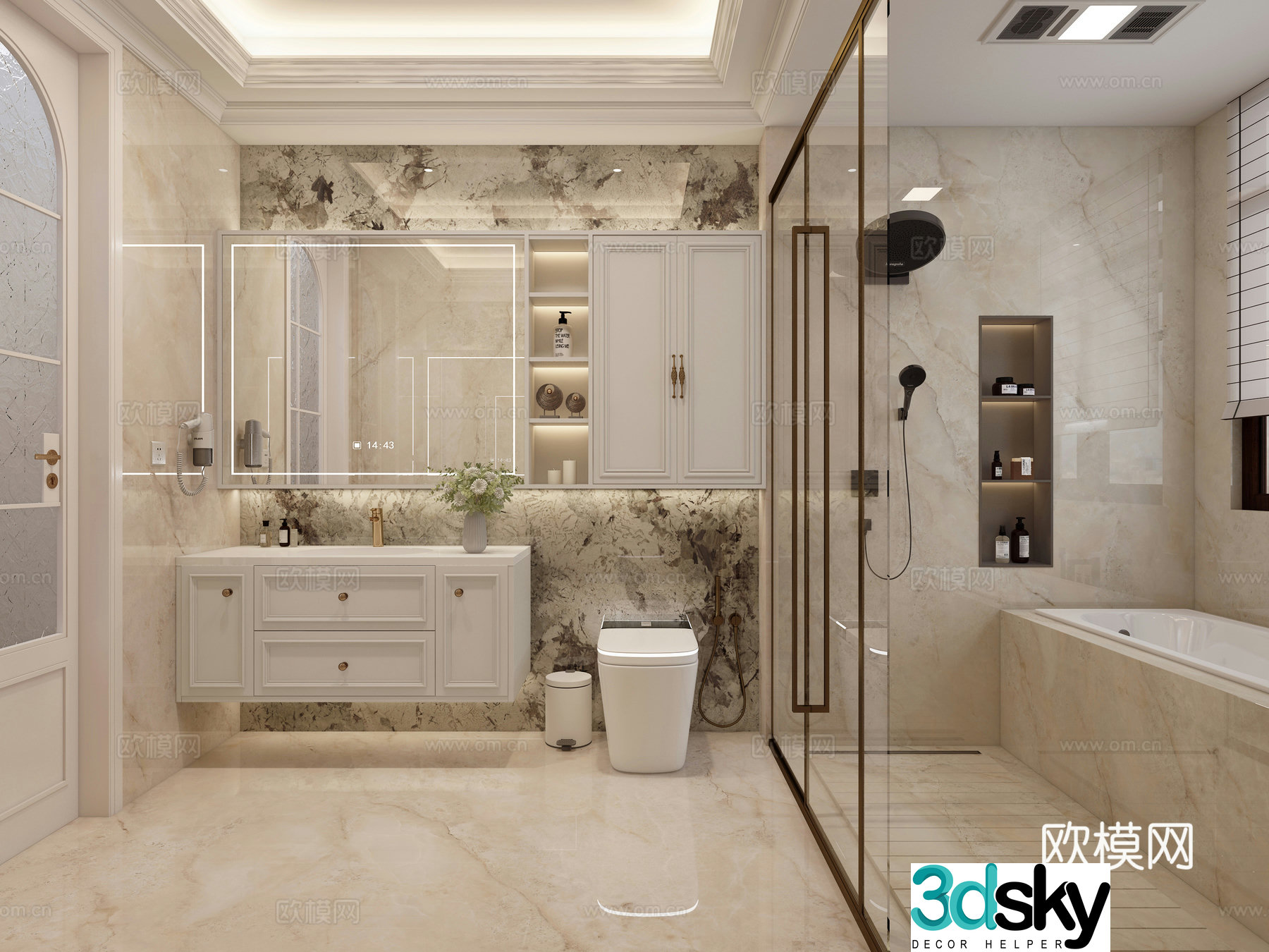 French bathroom bathroom cabinet smart toilet concealed shower embedded bathtub 3D model
