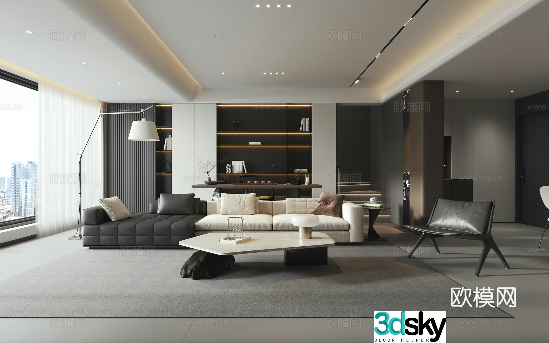 Modern black white and gray living room 3d model