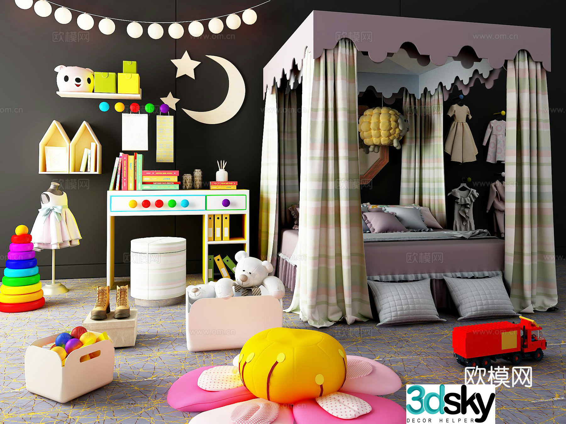Simple European children’s room princess room cartoon curtain bed toy doll wall decoration children’s bed 3D model