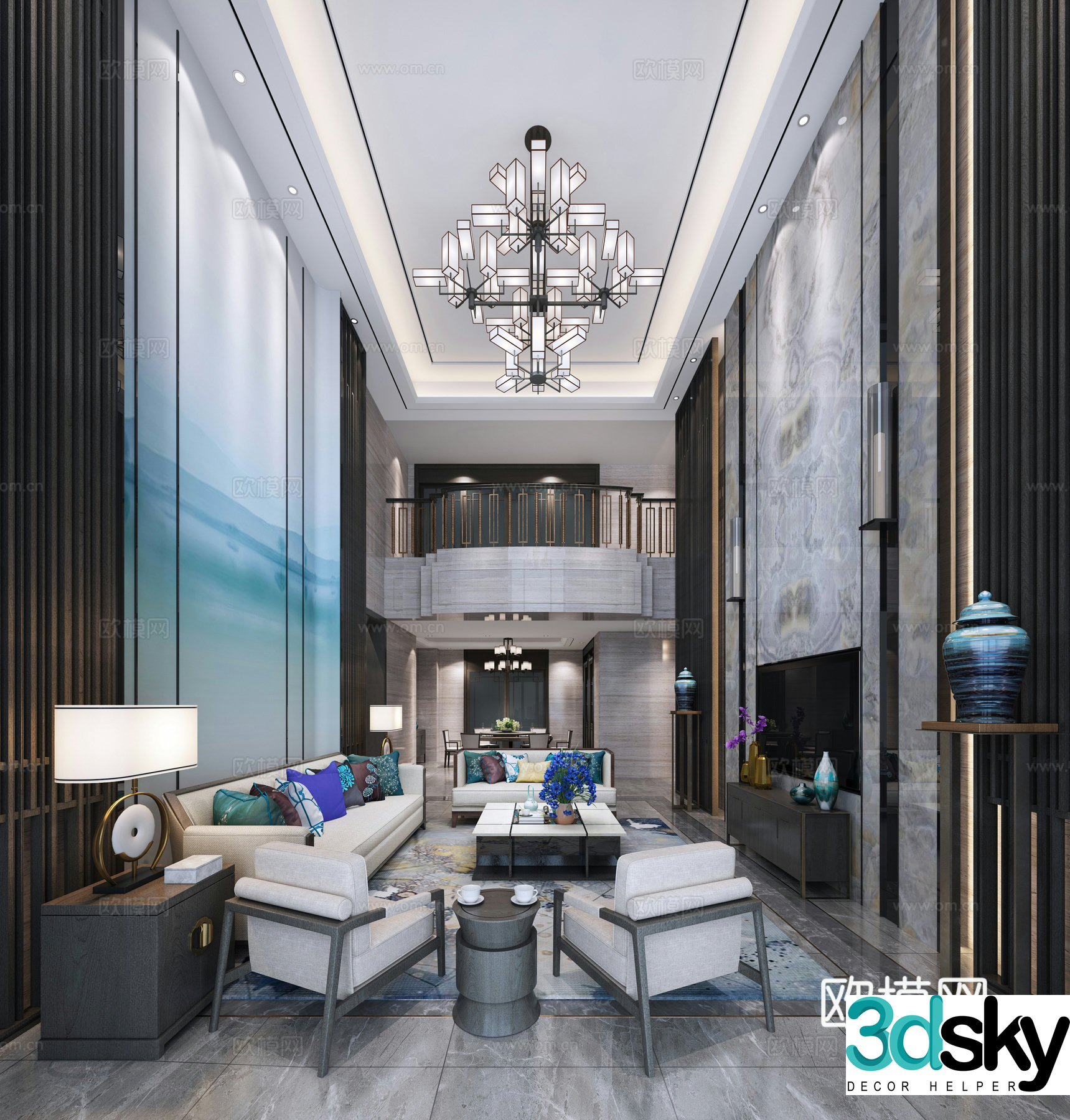 New Chinese style villa living room sofa coffee table chandelier 3D model of hanging paintings