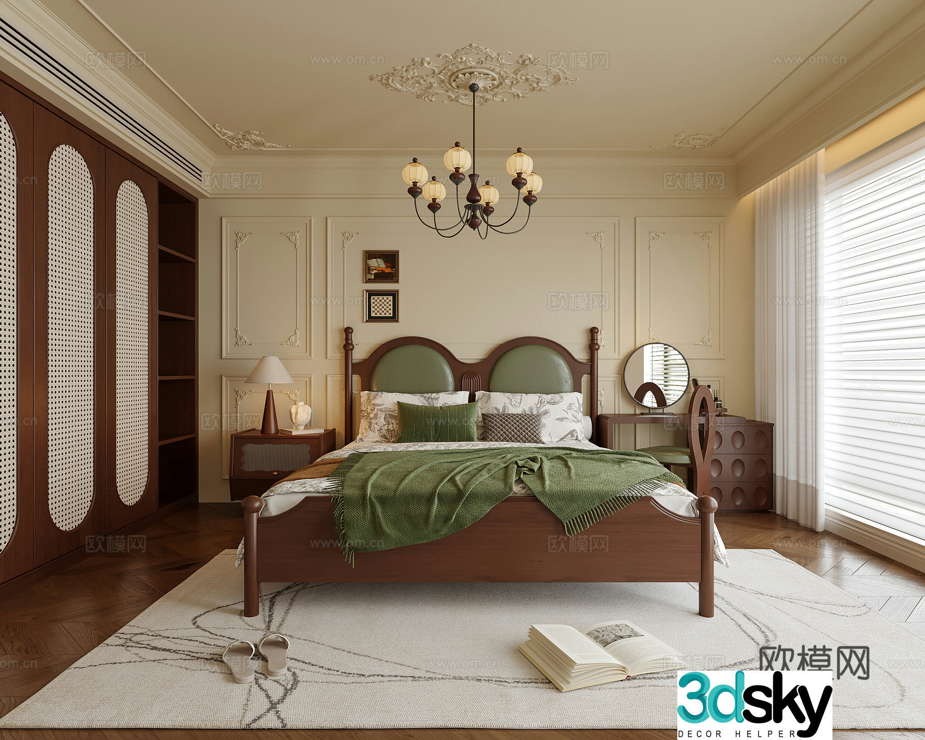 American bedroom double bed bedroom chandeliers bedside table 3D model