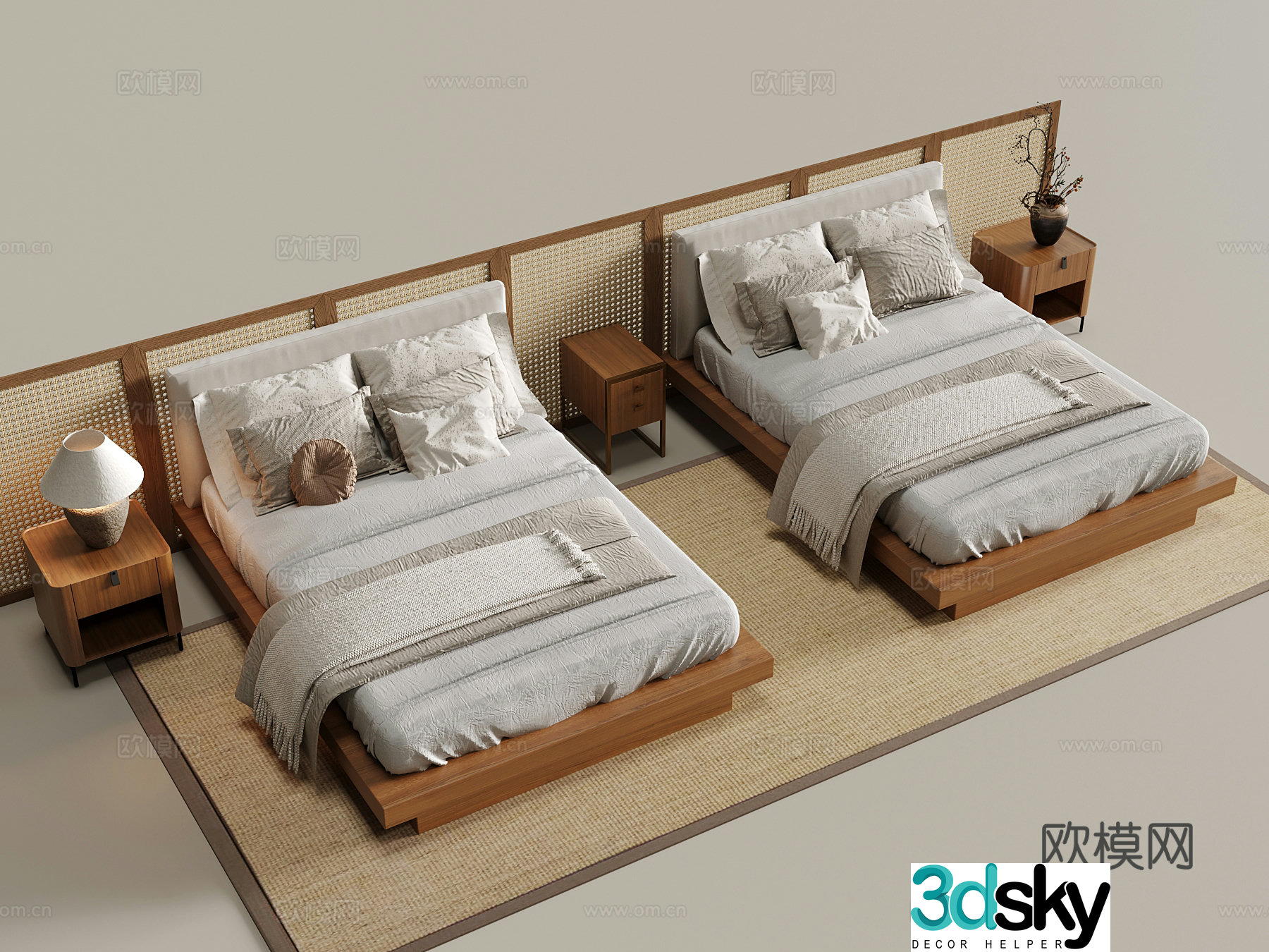 Modern hotel double bed nightstand 3d model