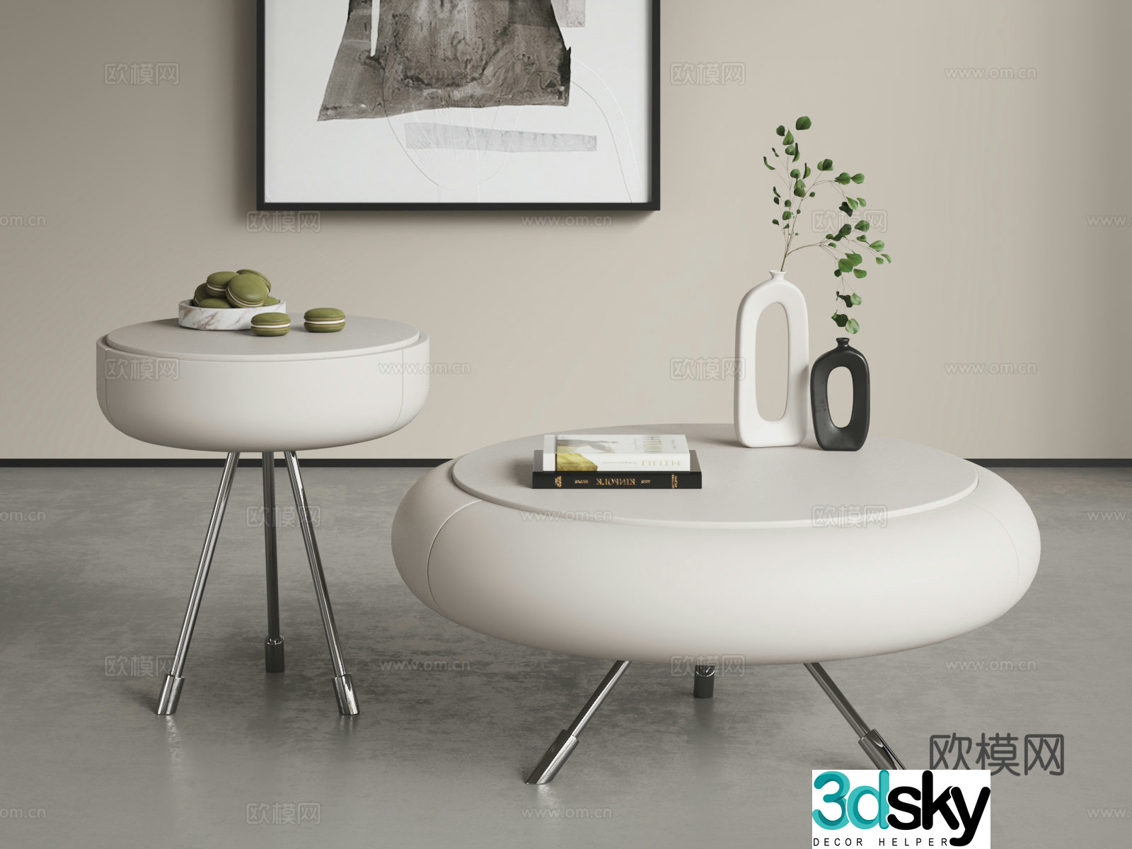 Creamy style tea table combination Modern round tea table combination Simple tea table combination 3D model