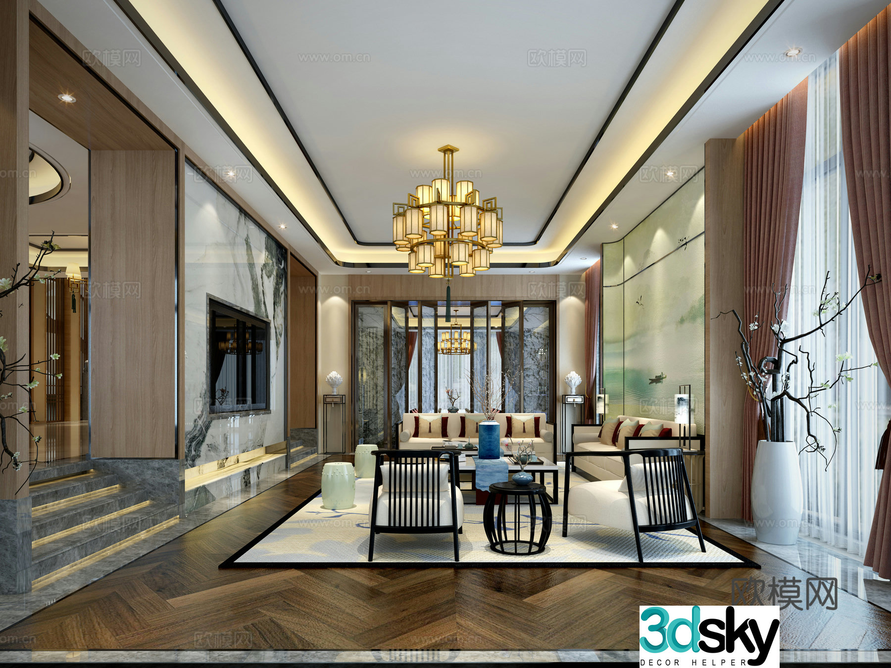 New Chinese style living room sofa coffee table carpet chandeliers ornaments TV cabinet TV 3D model
