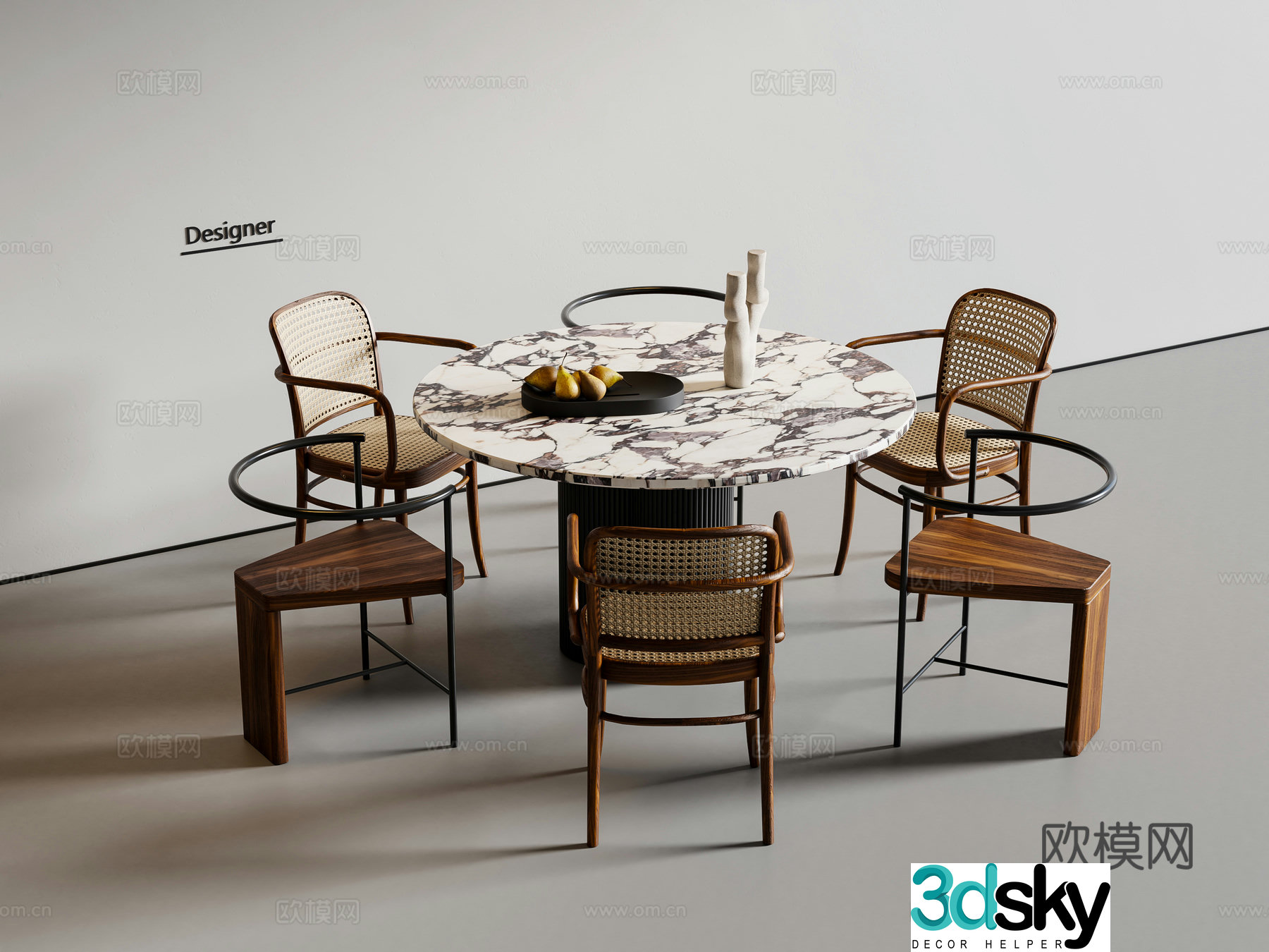 Medium style dining table and chairs Round dining table 3D model