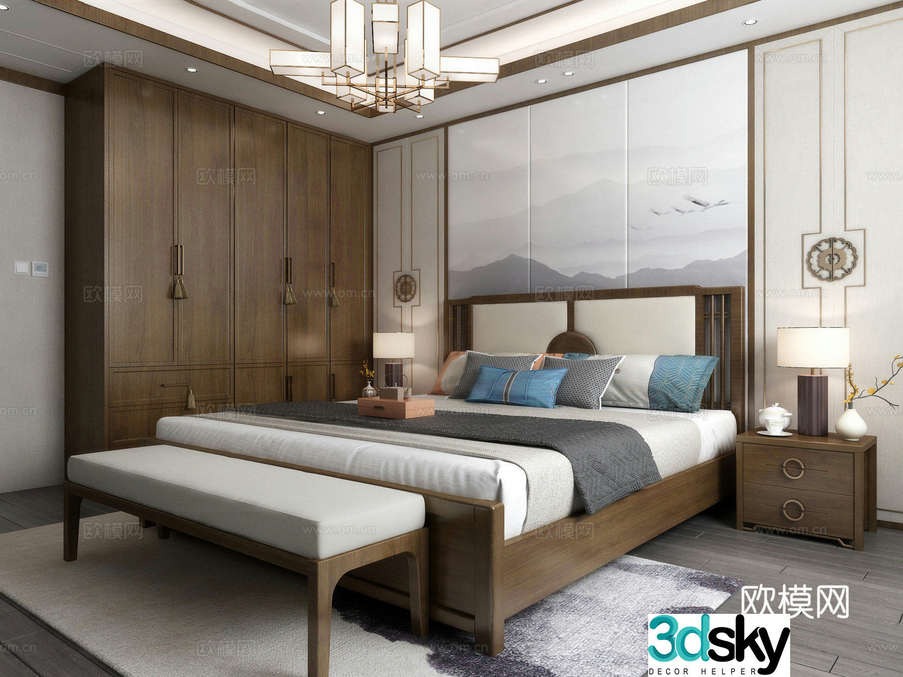 New Chinese style bedroom New Chinese style wardrobe New Chinese style bed New Chinese style bedroom decoration New Chinese style 3D model