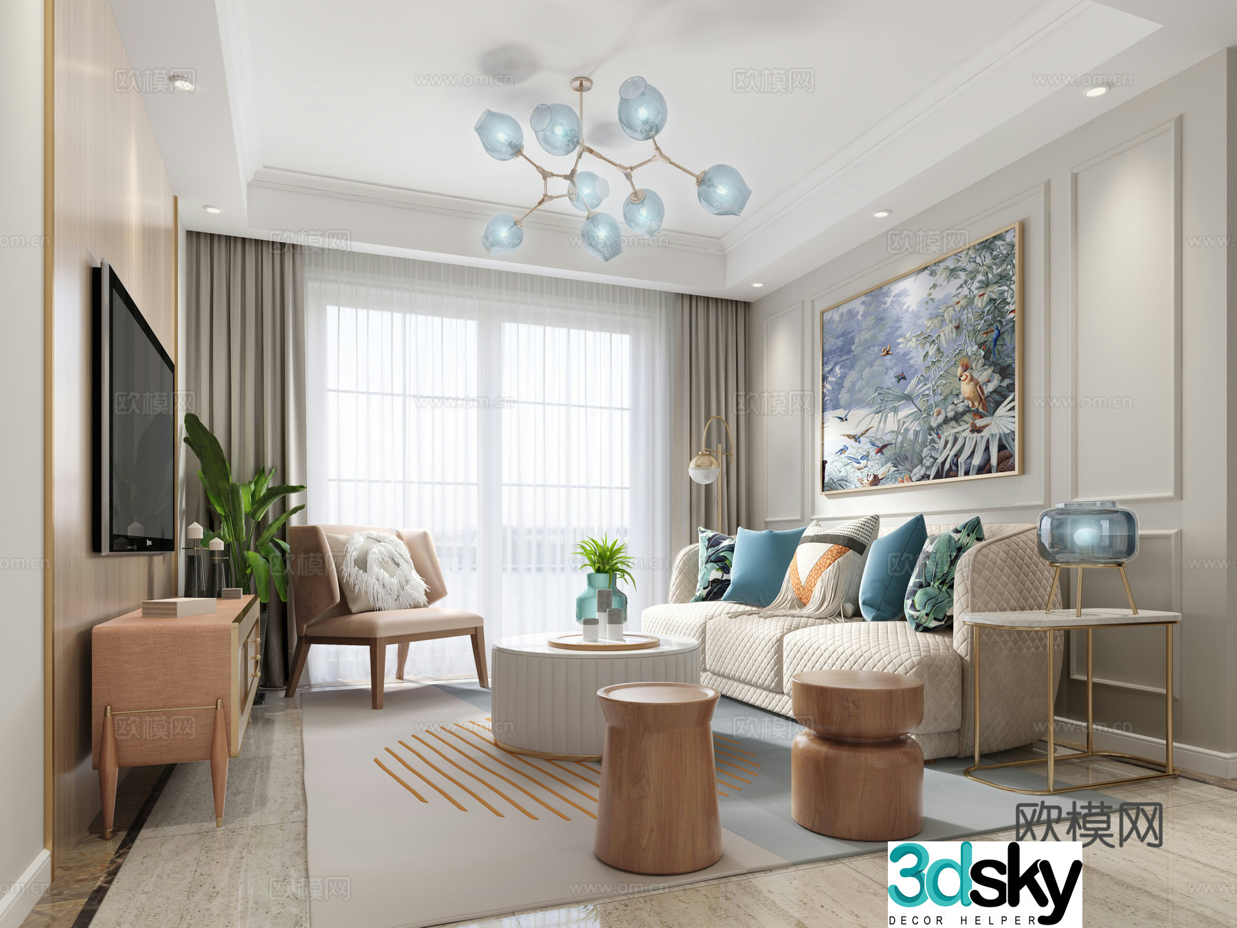 Modern simple living room and dining room sofa dining table and chairs TV cabinet entrance cabinet wooden 3D model