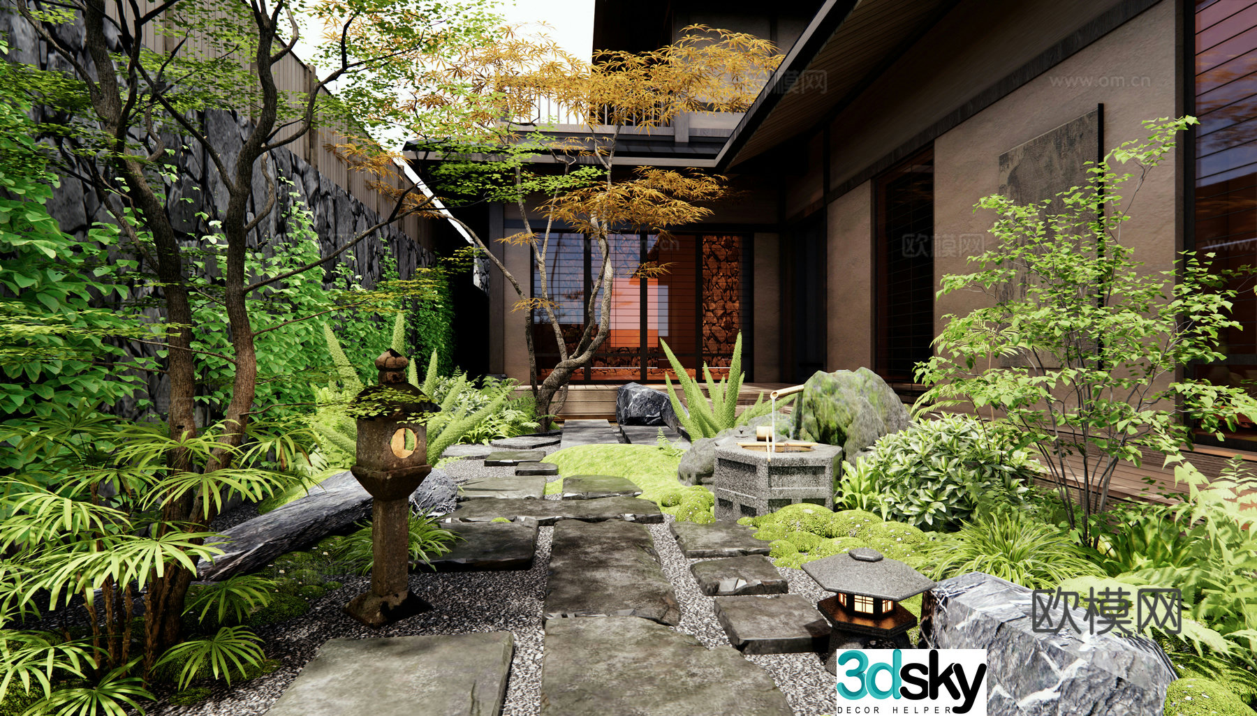 Japanese Zen Garden Garden Tingbu Bluestone Slab Water Bottle Water View Plant Combination Moss Landscape 3D Model