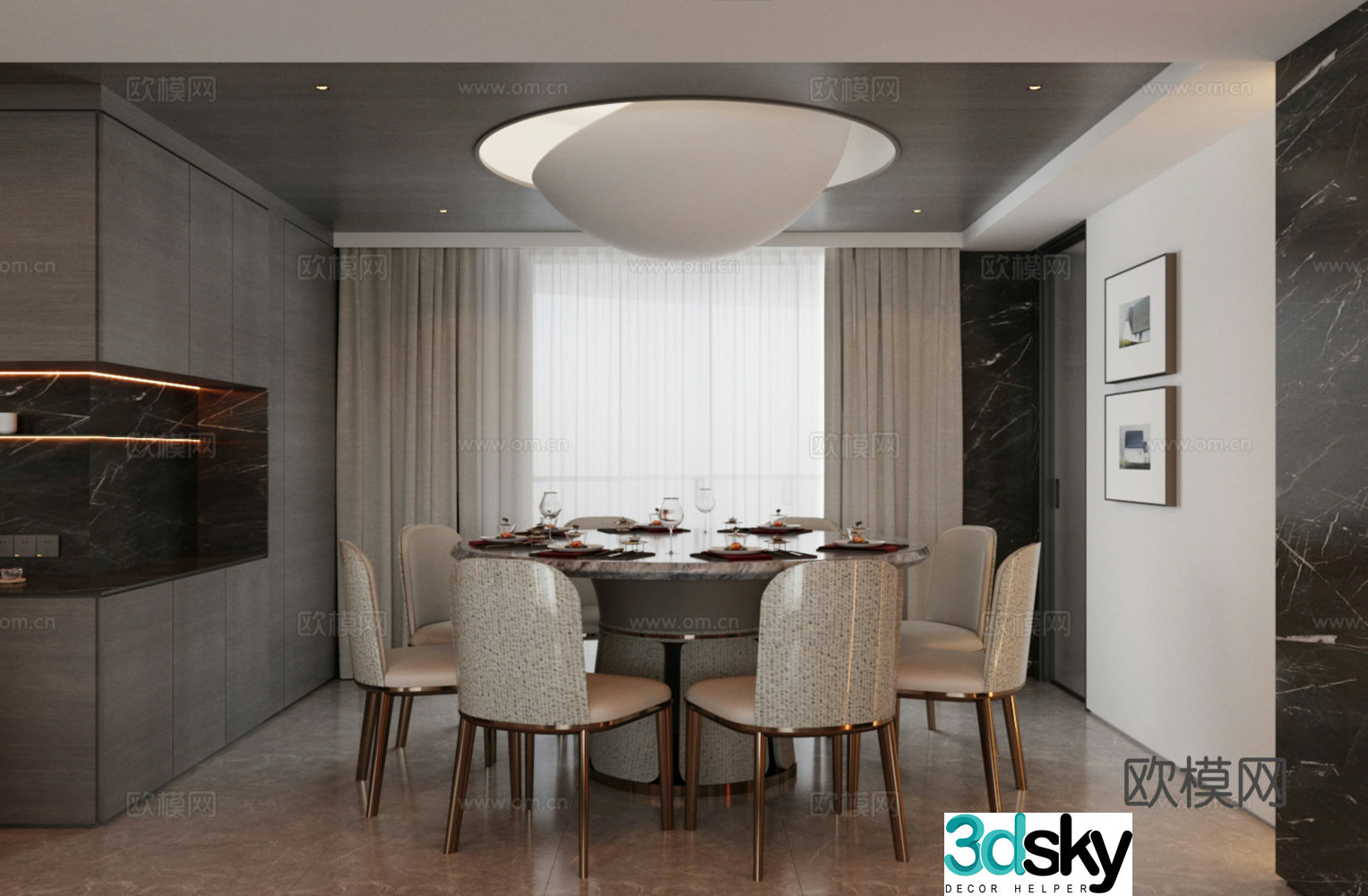 Italian light luxury home restaurant dining table and chair combination open restaurant round table restaurant 3D model