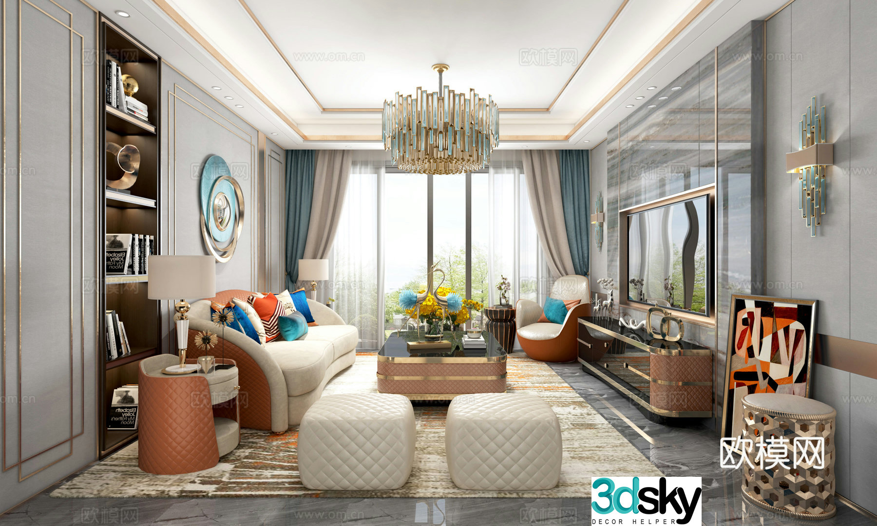 Postmodern light luxury European living room sofa leisure chair coffee table corner table chandeliers wall lamp 3d model