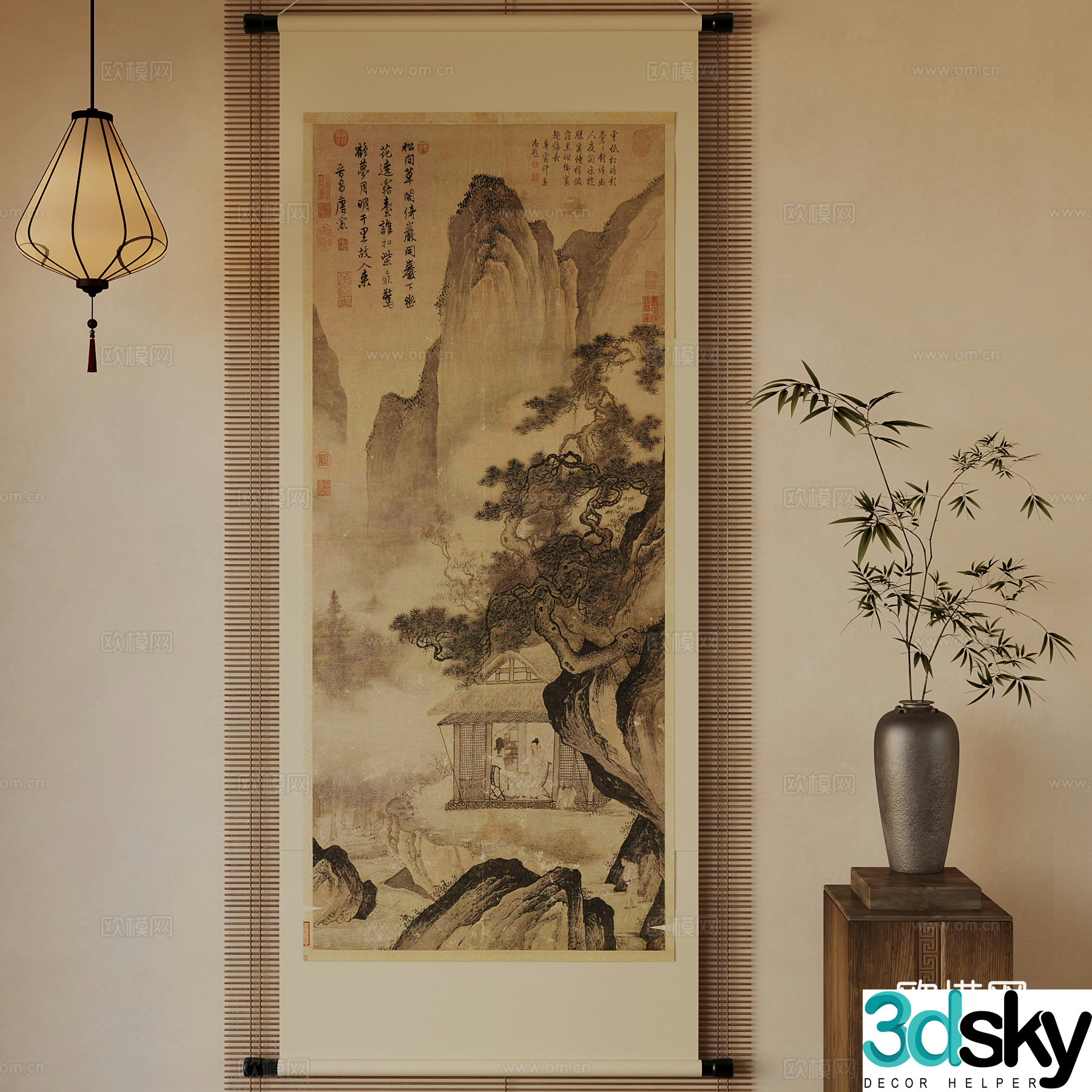 New Chinese style decorative paintings vase ornaments chandelier 3d model
