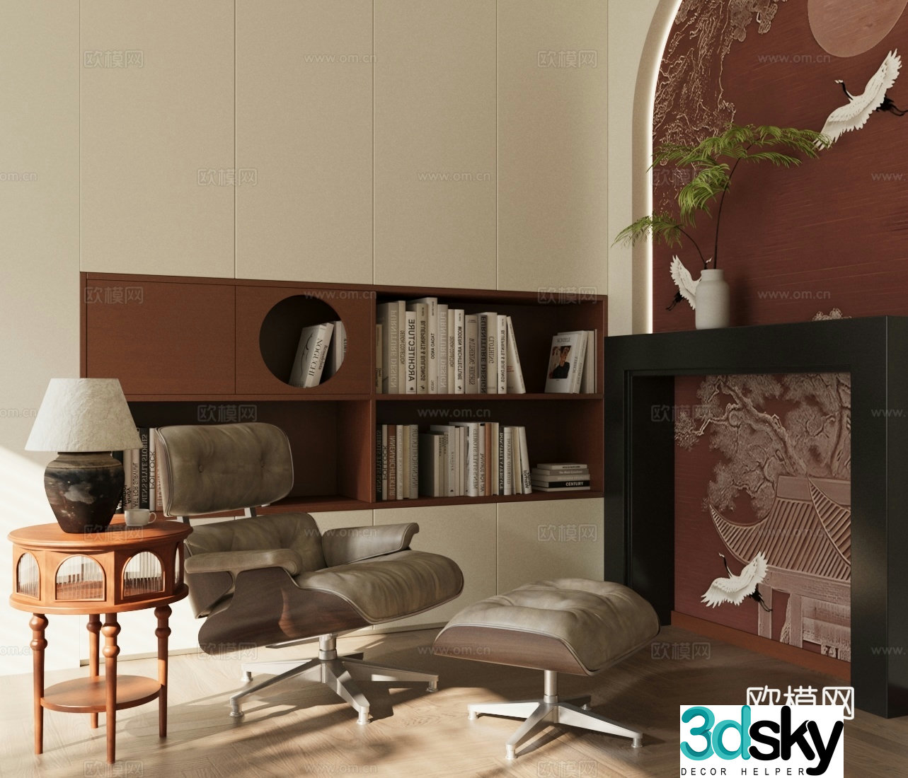 Middle-aged leisure lounge chair bookcase table side corner 3D model