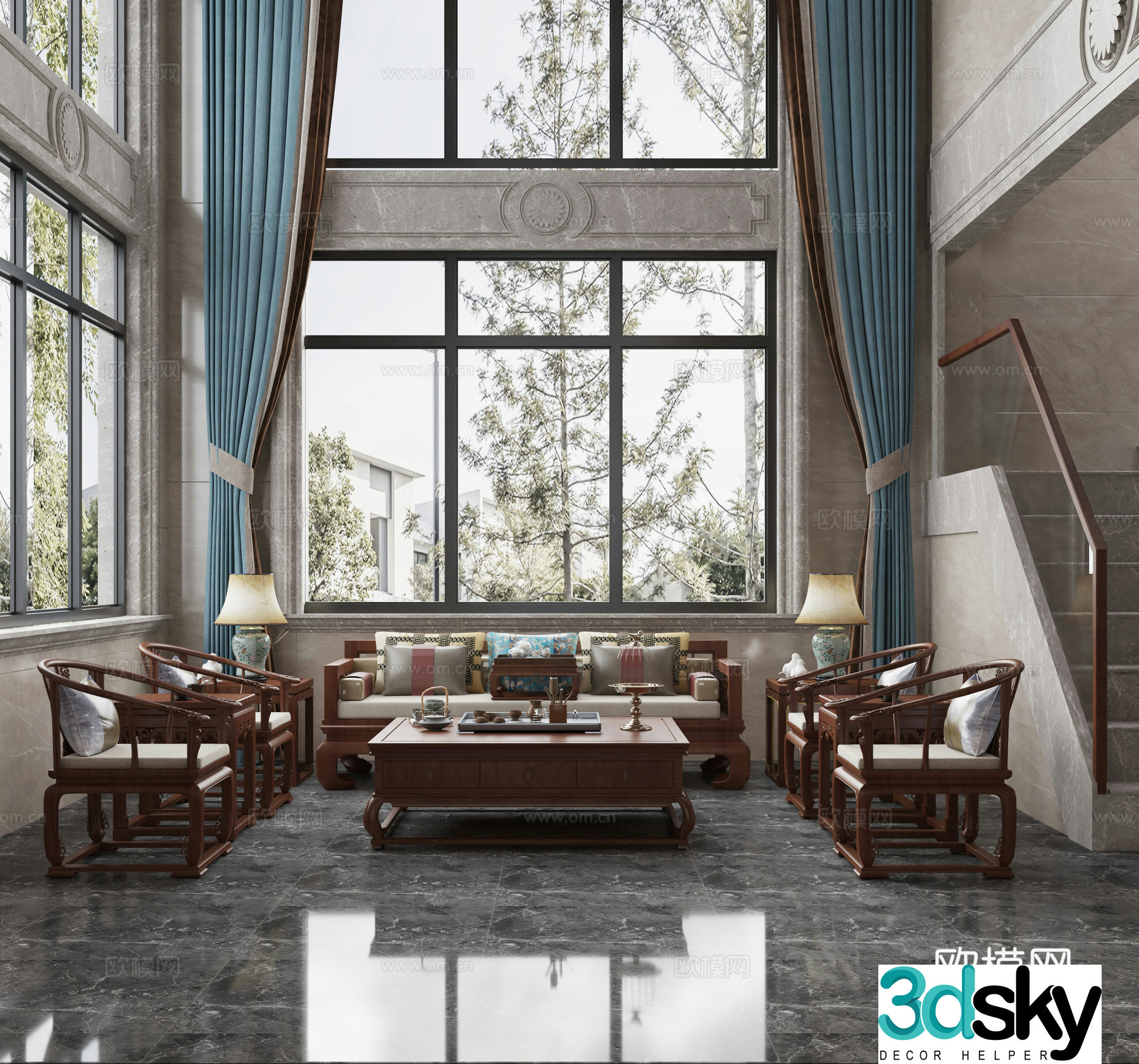 Modern new Chinese style villa living room 3d model