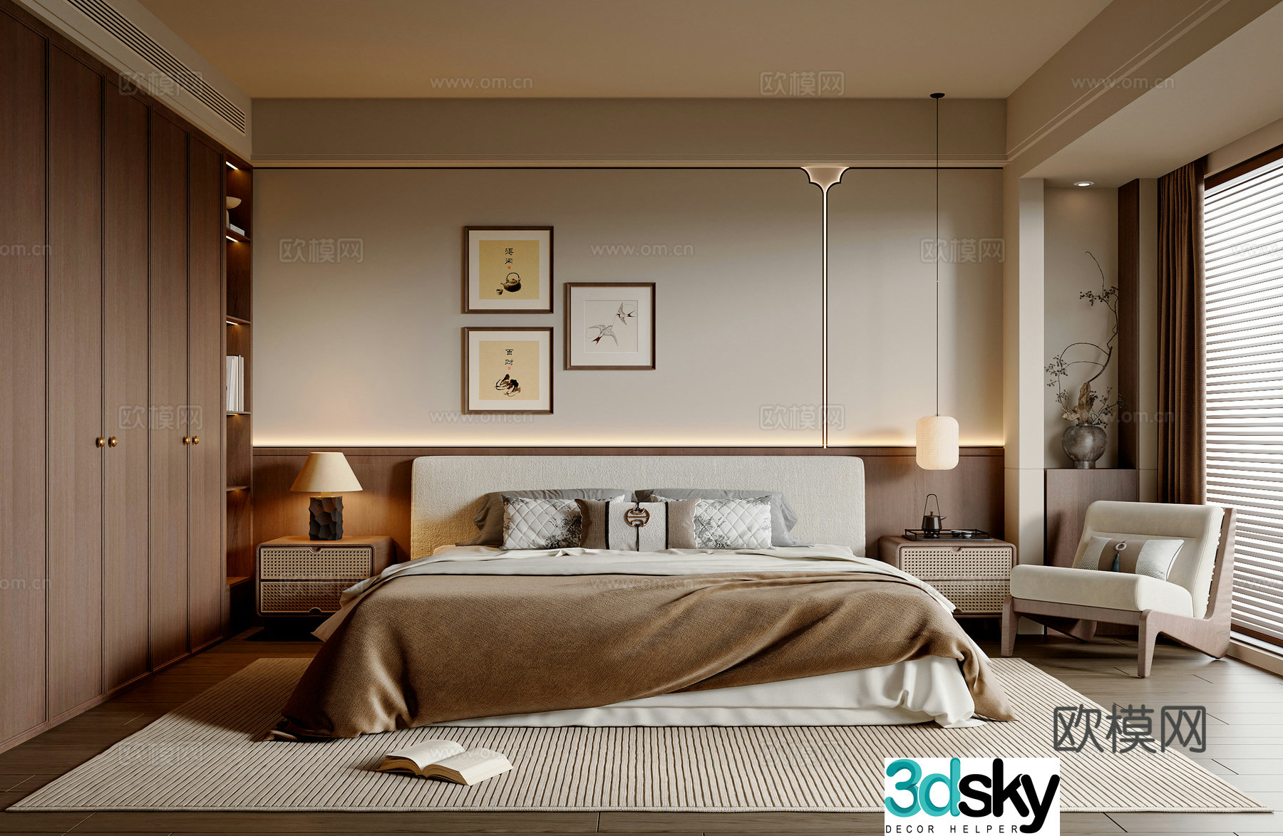 New Chinese style Chinese bedroom New Chinese style double bed New Chinese style leisure chair Wardrobe Ornament Hanging painting 3D model
